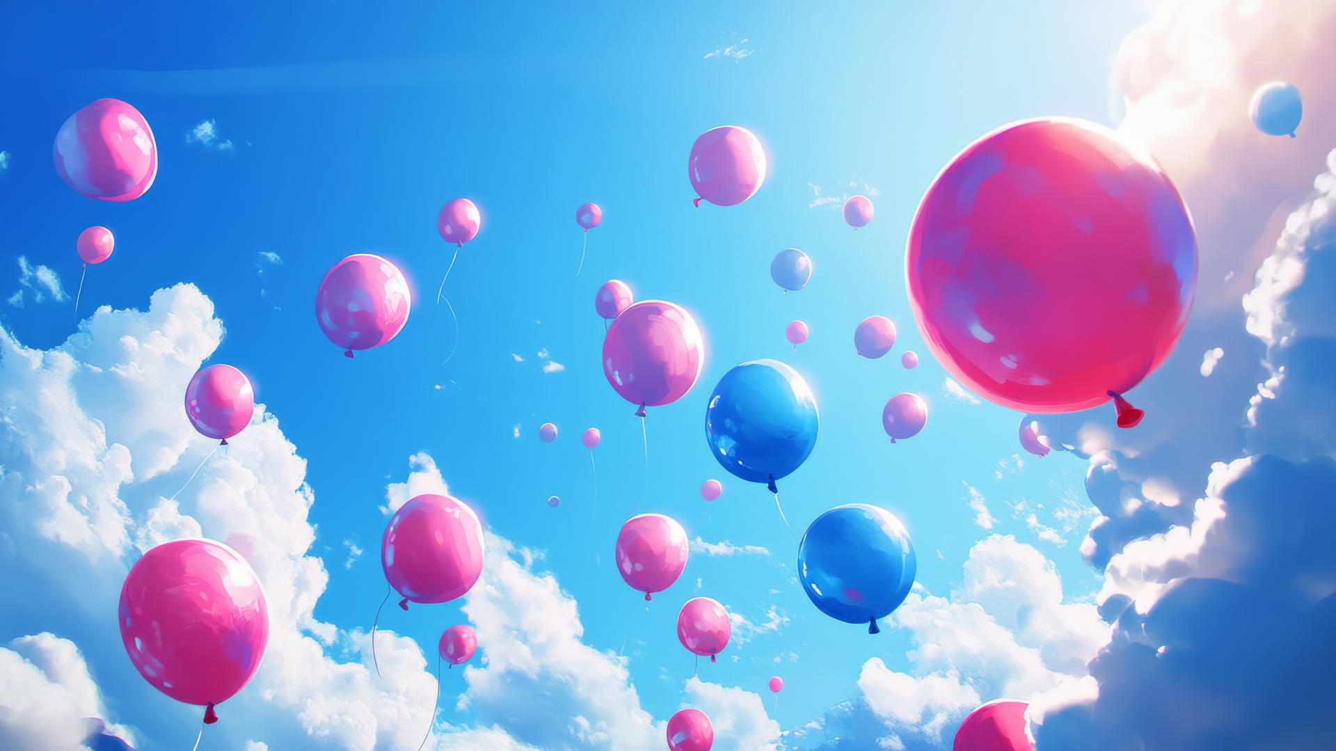 A pink and blue wallpaper with balloons floating in a bright blue sky with clouds.
