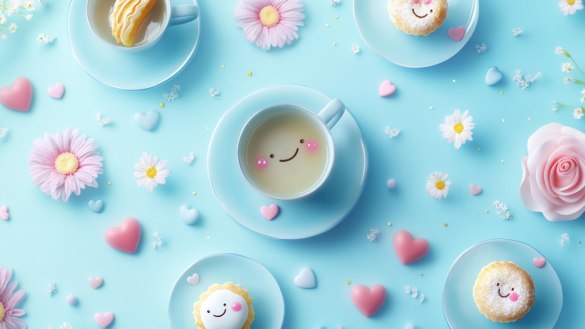 Cute blue wallpaper with a tea party scene, featuring blue teacups, saucers, and smiling pastries.