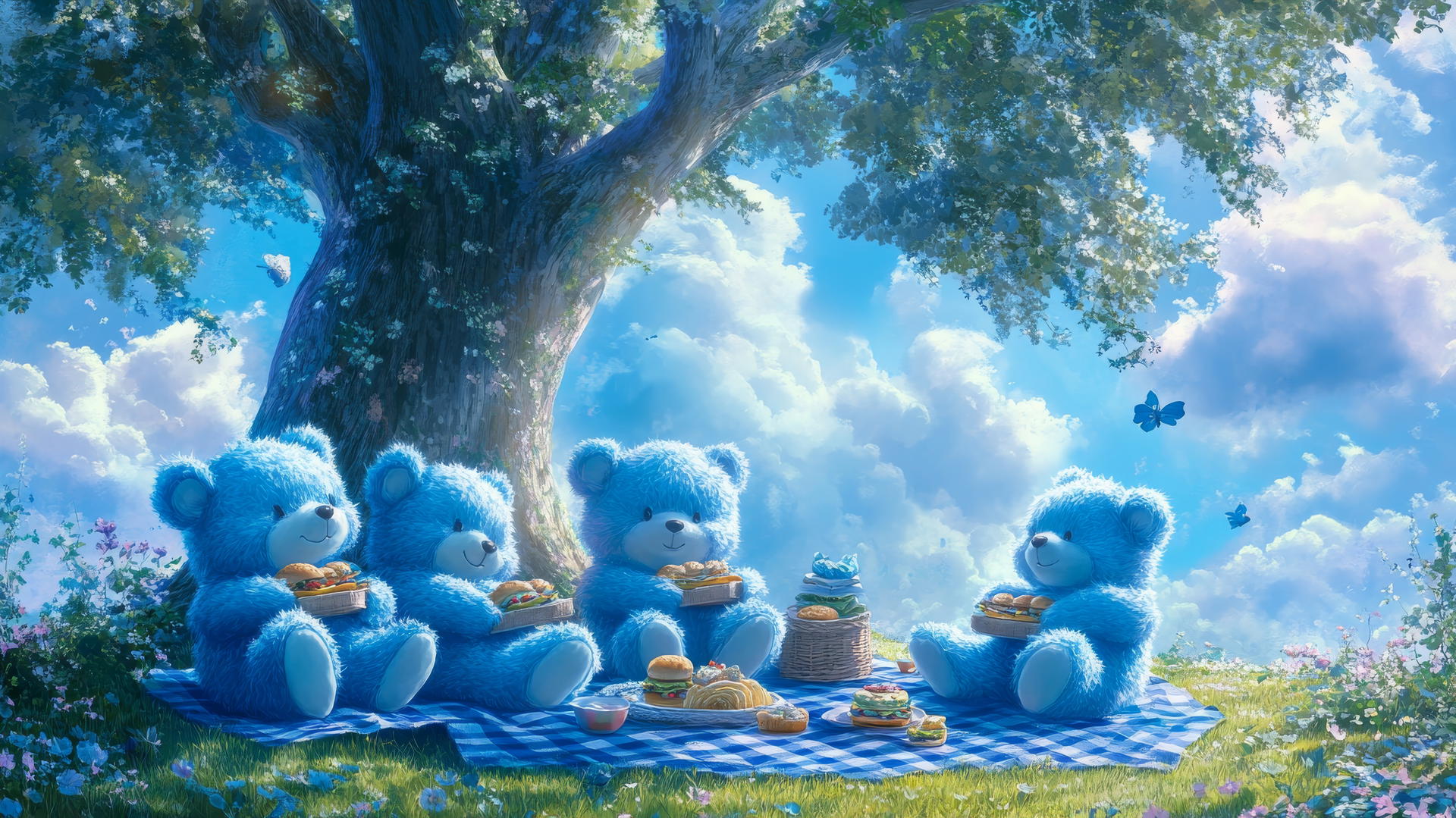 Cute blue wallpaper with fluffy blue teddy bears having a picnic under a tree.