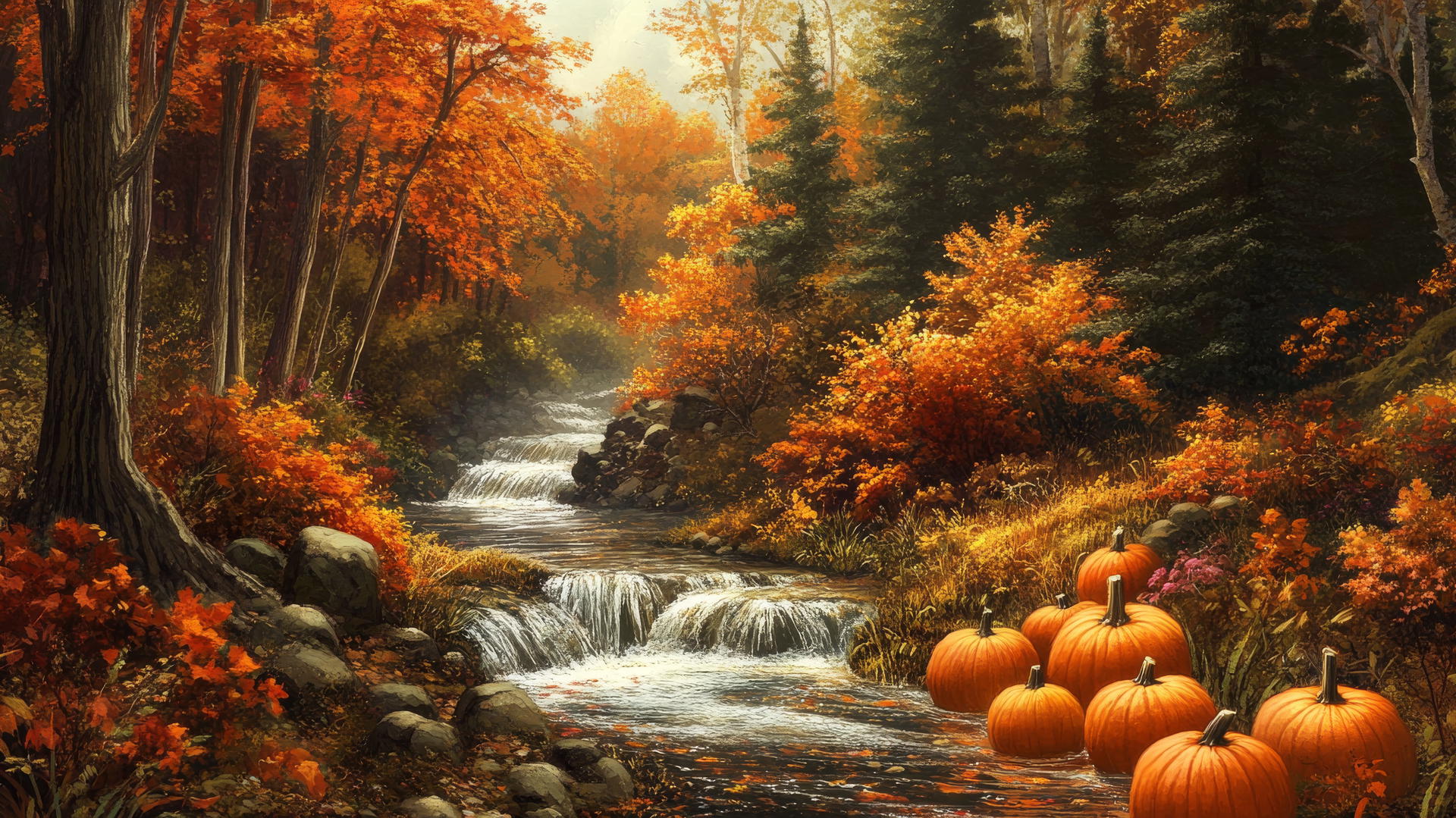 thanksgiving wallpaper with vibrant fall foliage, pumpkins, and a gentle stream.