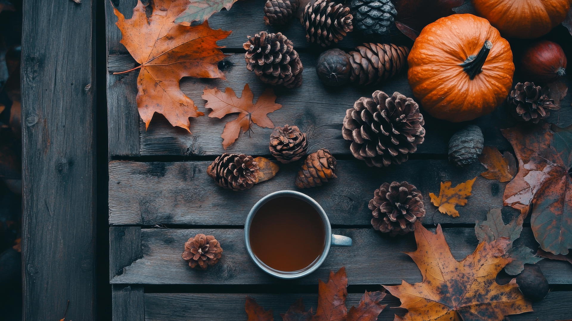 thanksgiving wallpaper with autumn leaves, pine cones, and hot cider on a rustic table
