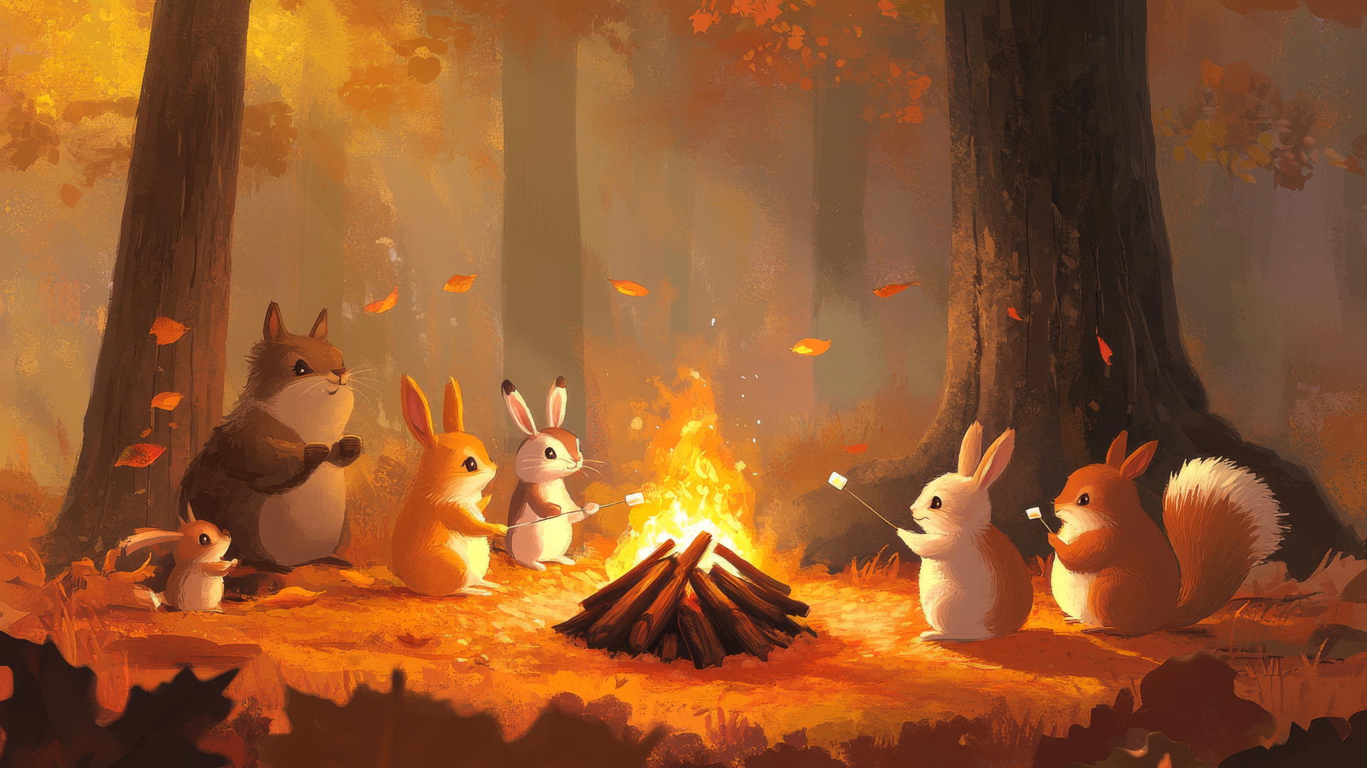 cute thanksgiving wallpaper with forest animals around a campfire