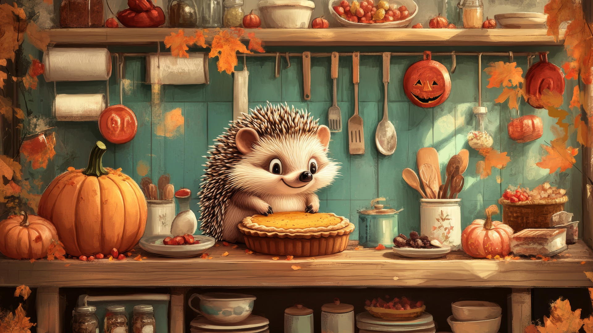 Thanksgiving wallpaper cute: happy hedgehog baking pumpkin pie with decorations