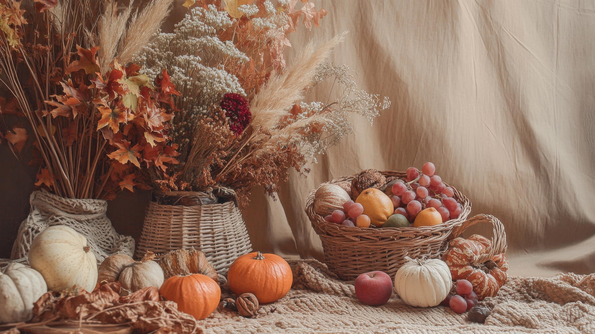 thanksgiving wallpaper aesthetic with macramé, pampas grass, woven baskets, autumnal fruits