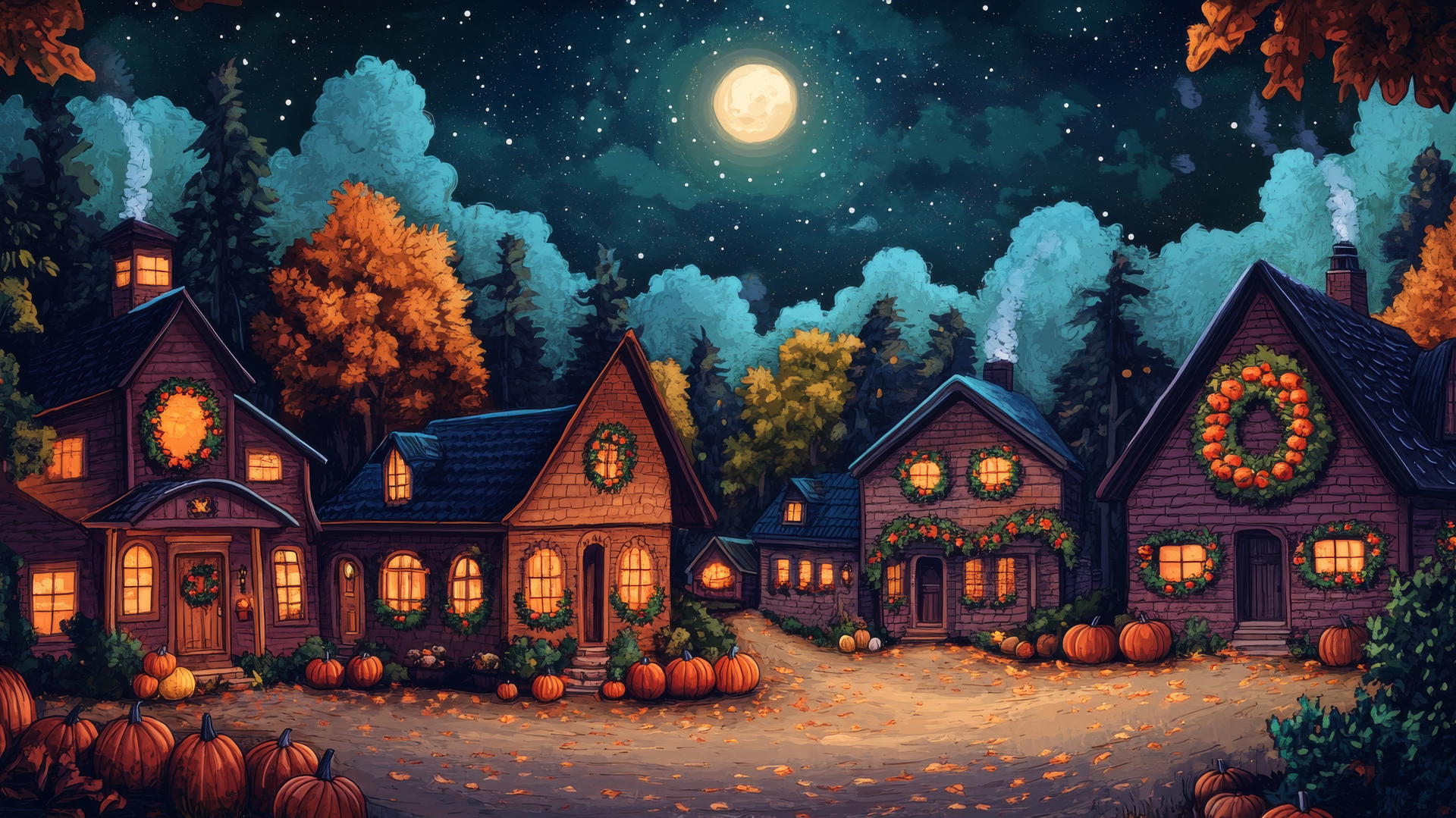Thanksgiving wallpaper aesthetic with cozy village, decorated cottages, under a starry night