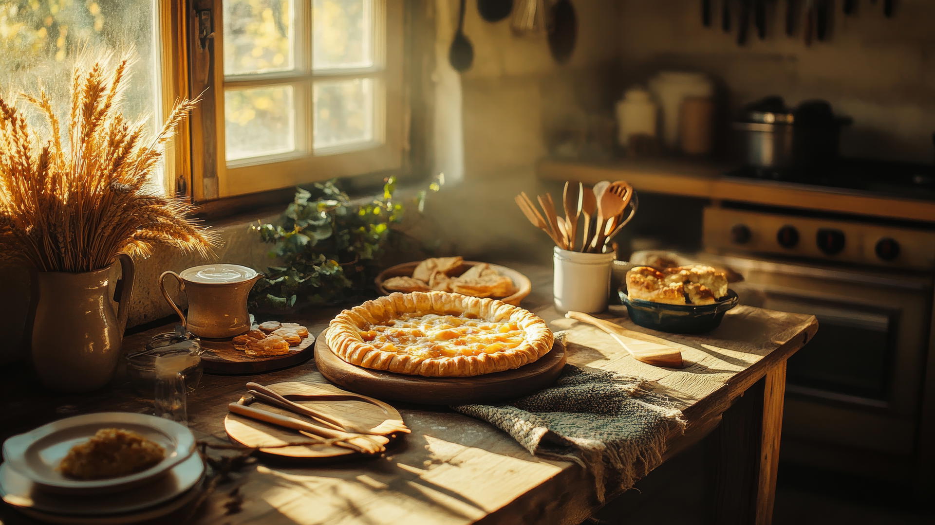 Thanksgiving aesthetic wallpaper featuring rustic kitchen table with baked pies