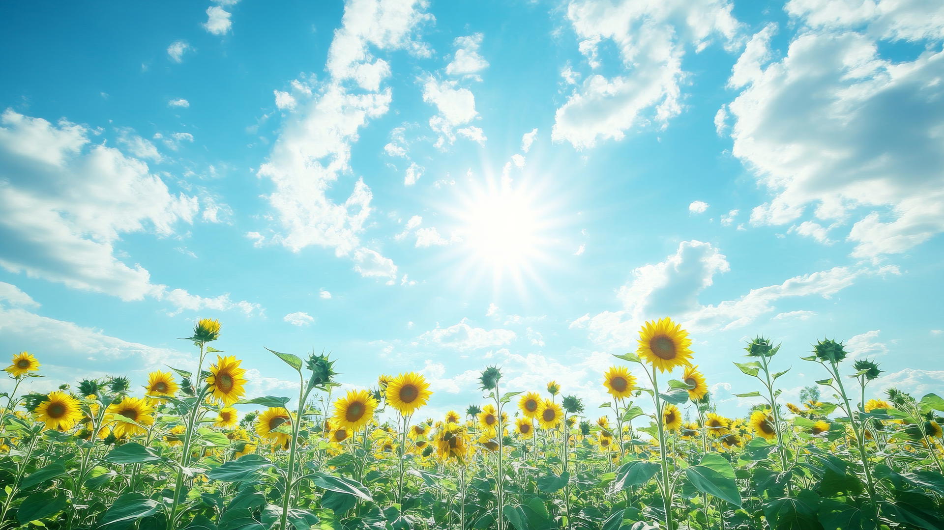 vast field of sunflowers under a bright blue sky, perfect for a cheerful and vibrant summer wallpaper desktop