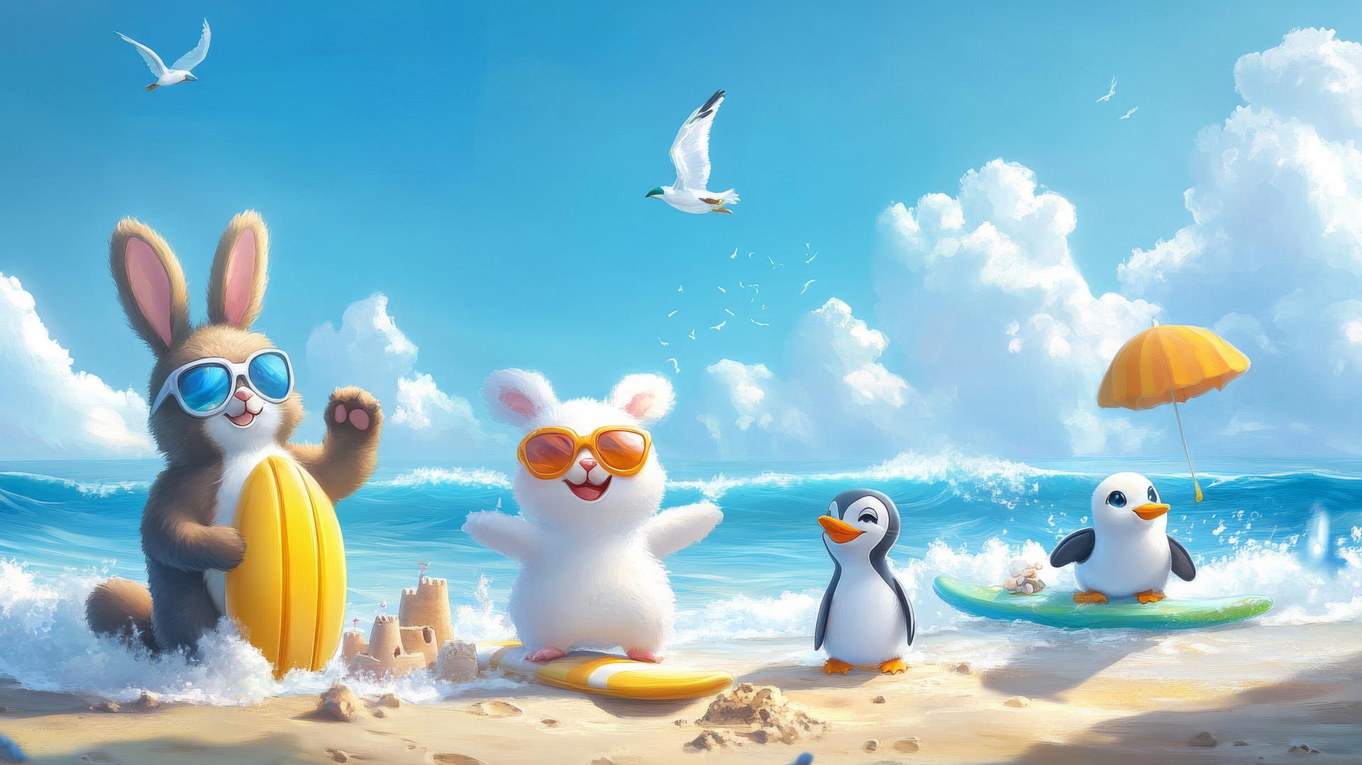cute summer wallpaper with a bunny, bear, and penguin at the beach