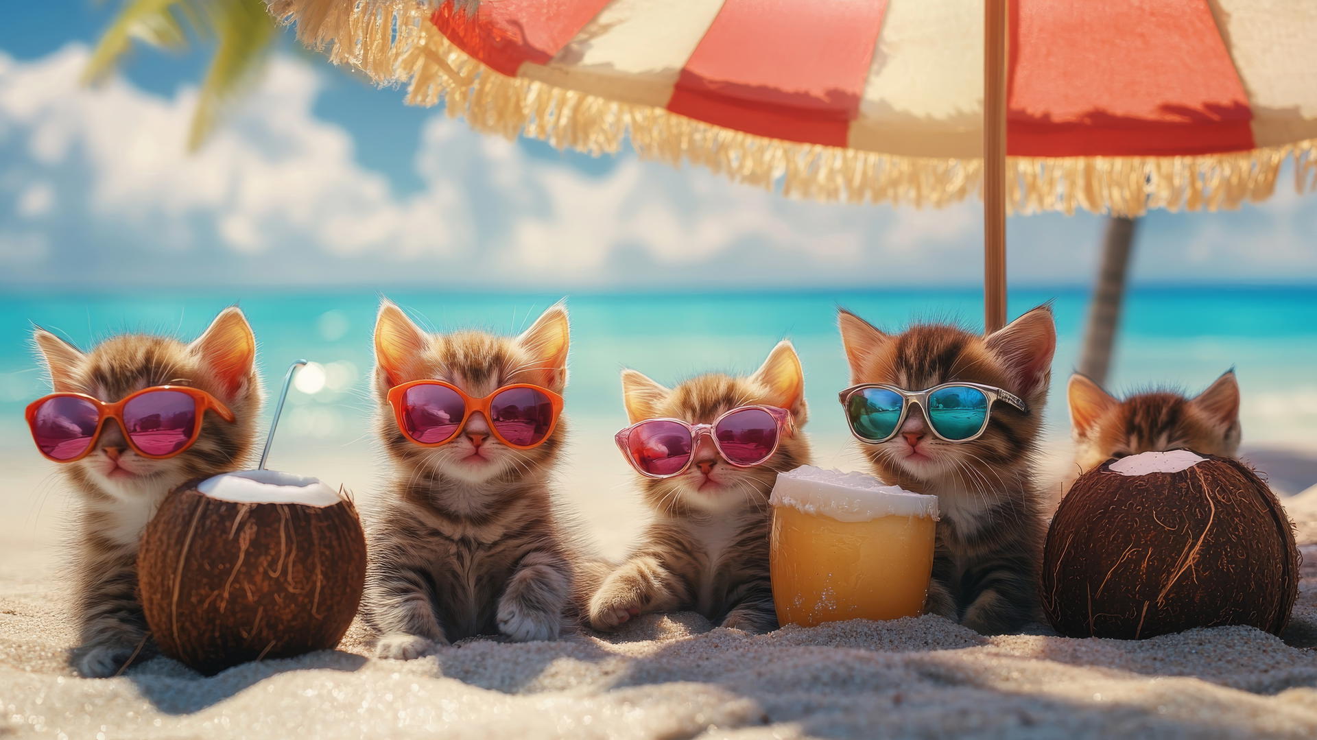 Cute summer wallpaper of playful kittens under a beach umbrella with coconut drinks.