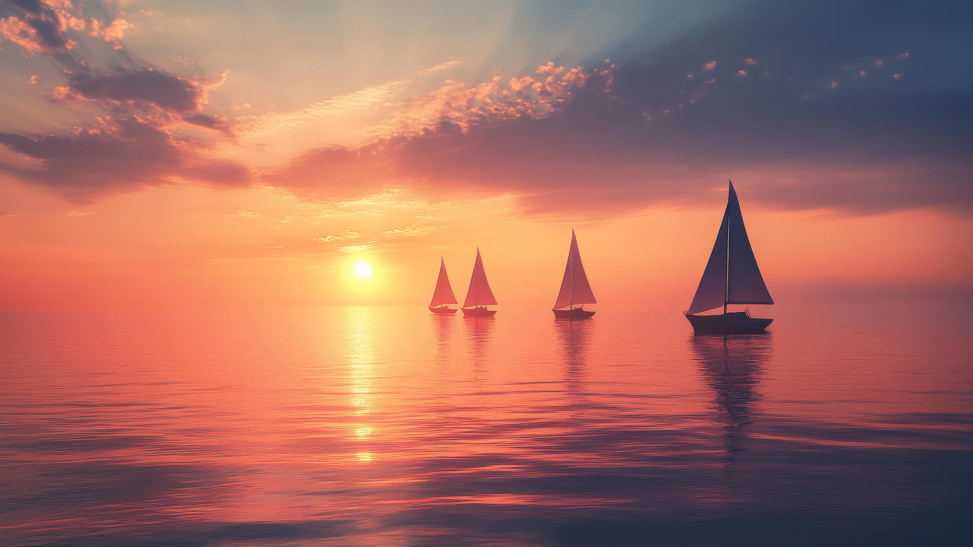 calm ocean at sunset with small sailboats, summer wallpaper aesthetic