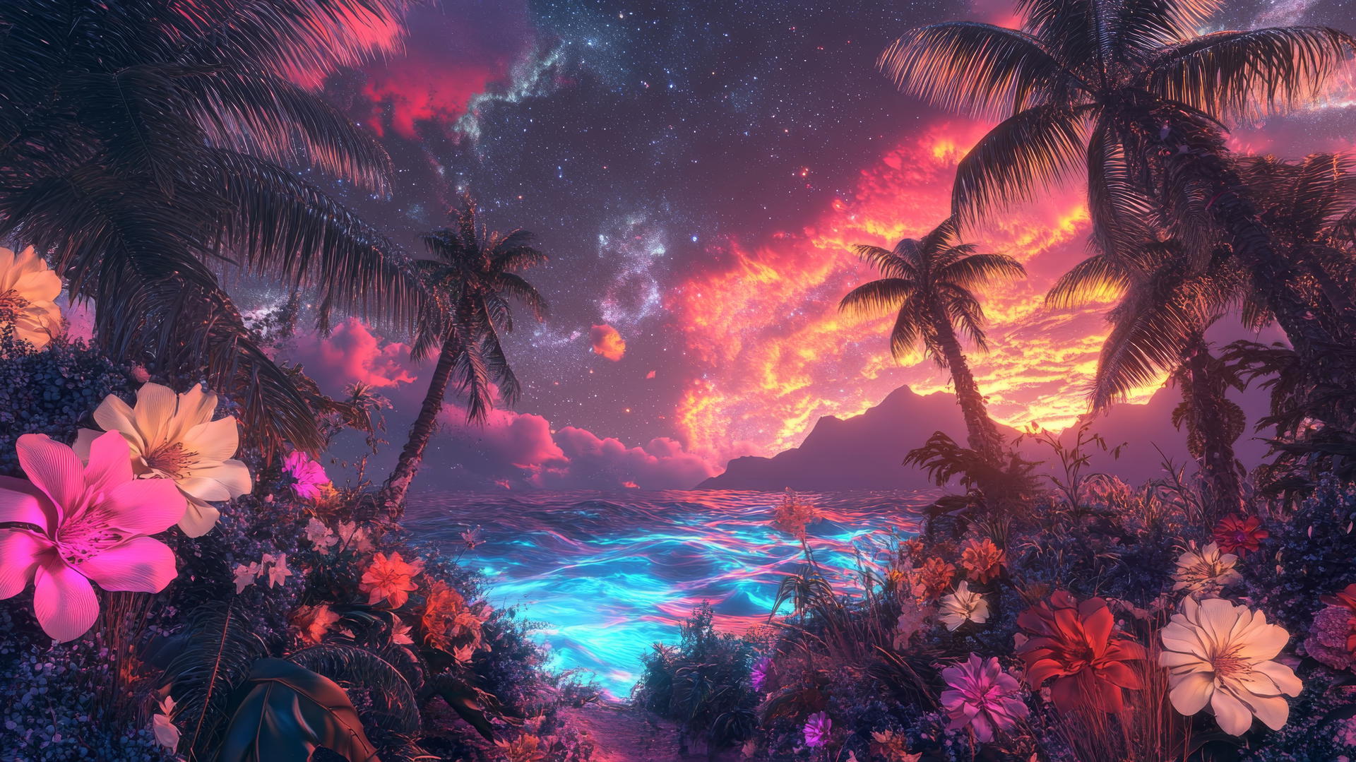 Surreal tropical dreamscape with oversized exotic flowers, floating palm trees, a neon pink ocean under a starry sky, summer wallpaper aesthetic