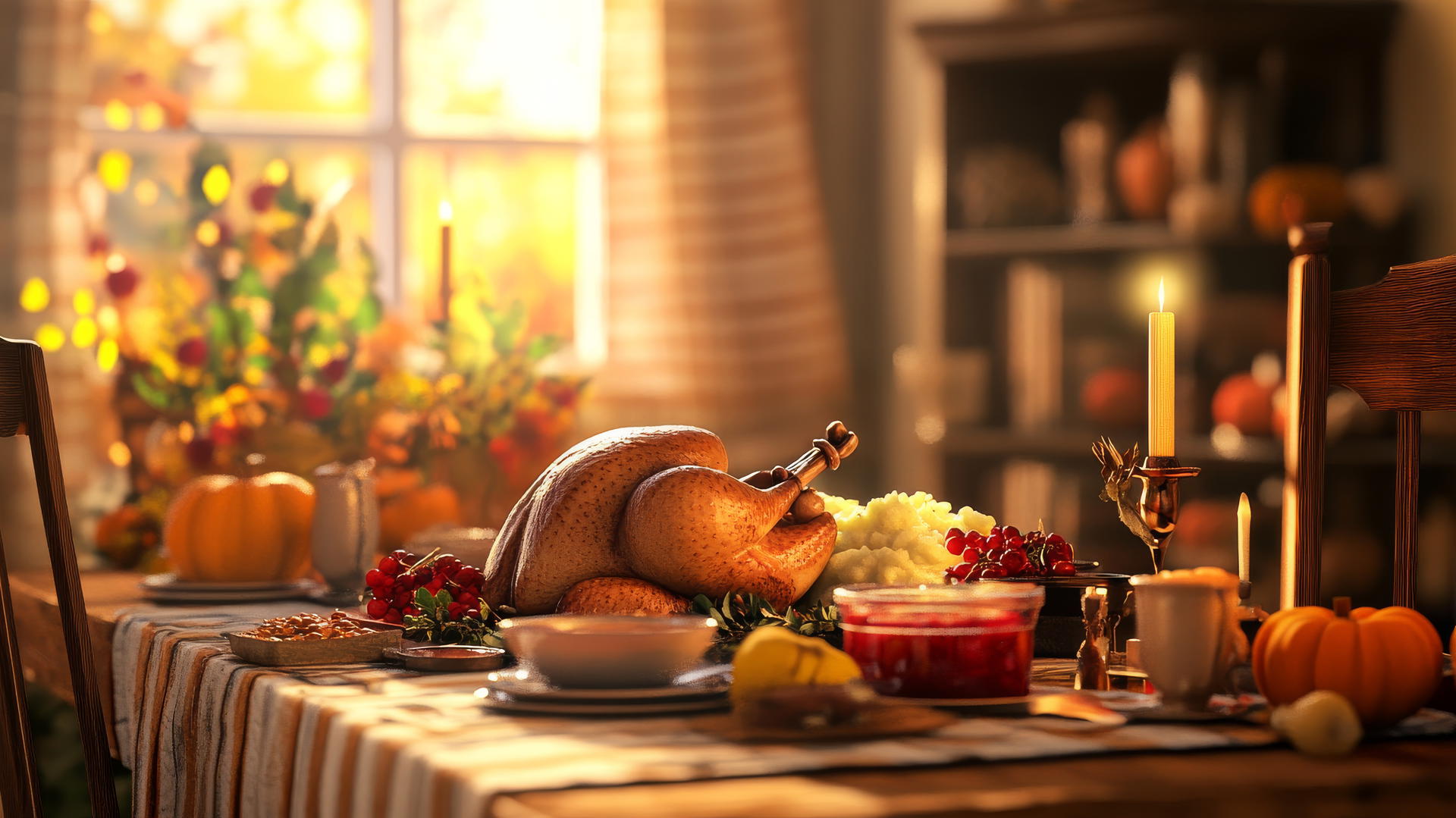 Thanksgiving wallpaper with cozy dinner table setup, featuring turkey, mashed potatoes, cranberry sauce, and fall decorations.