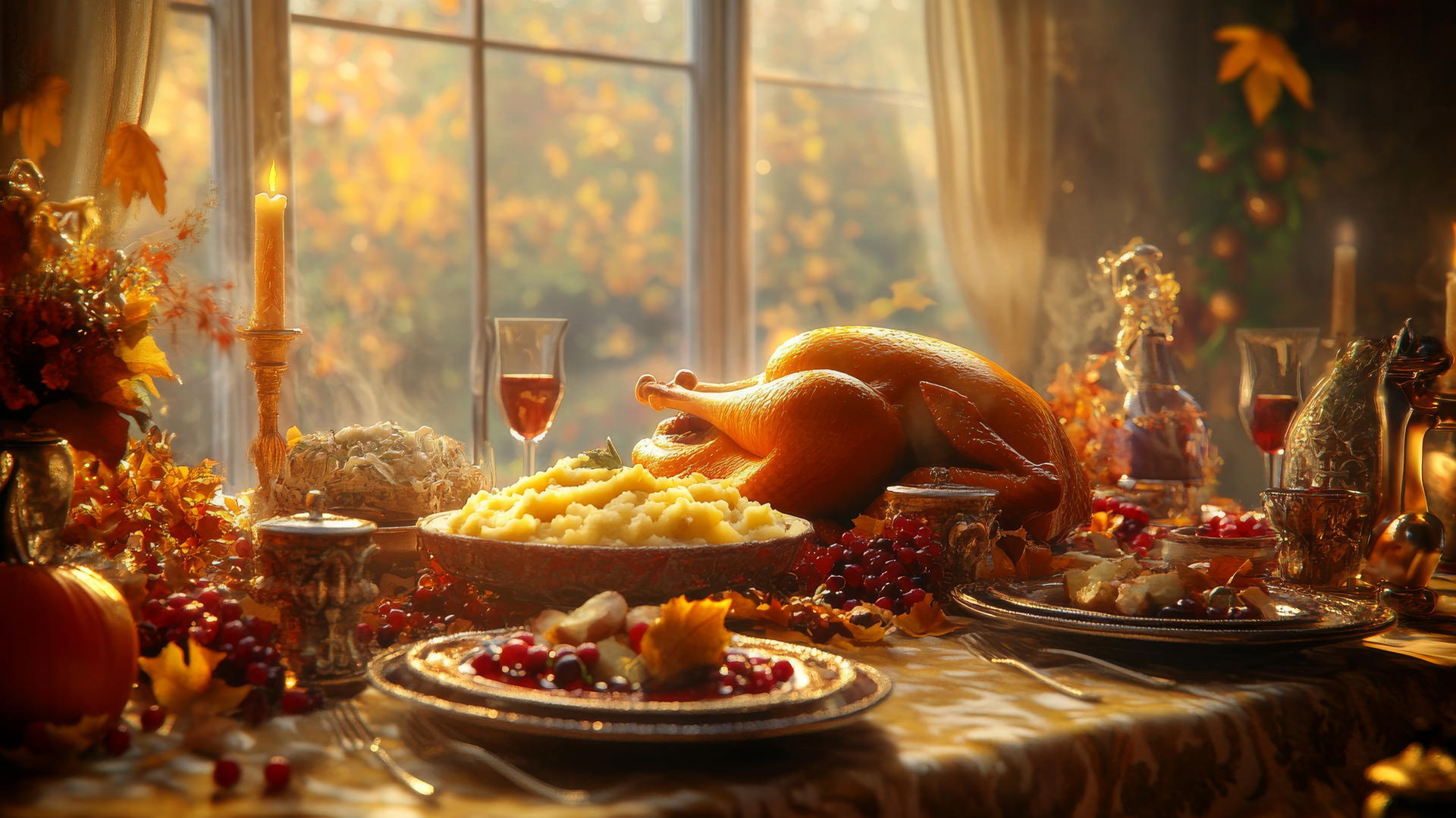 Thanksgiving wallpaper with cozy dinner table, turkey, mashed potatoes, fall decor