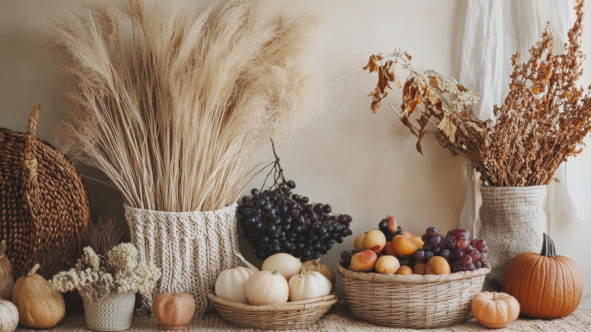 Thanksgiving wallpaper aesthetic with bohemian elements like macramé, pampas grass, baskets of autumn fruits