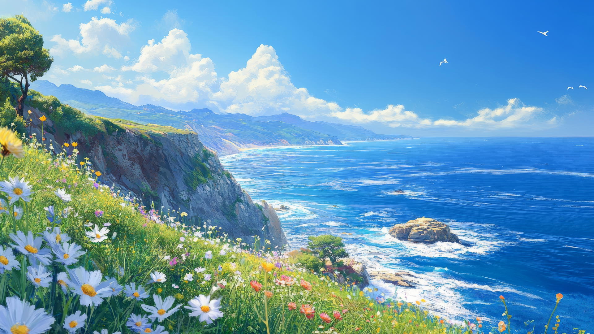 Scenic coastal cliffside with wildflowers, clear ocean under a blue sky, summer aesthetic wallpaper