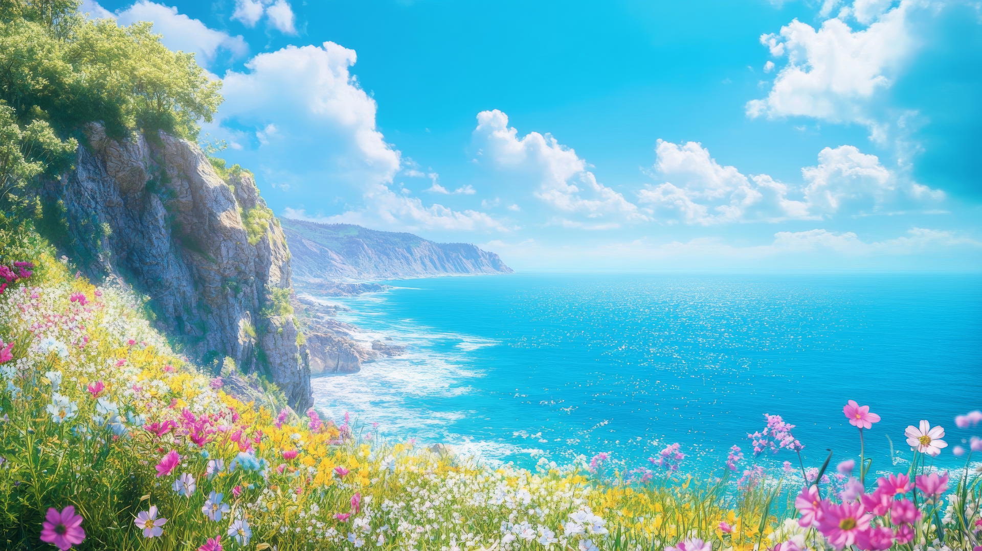 Summer aesthetic wallpaper of a coastal cliffside view with wildflowers and ocean vista