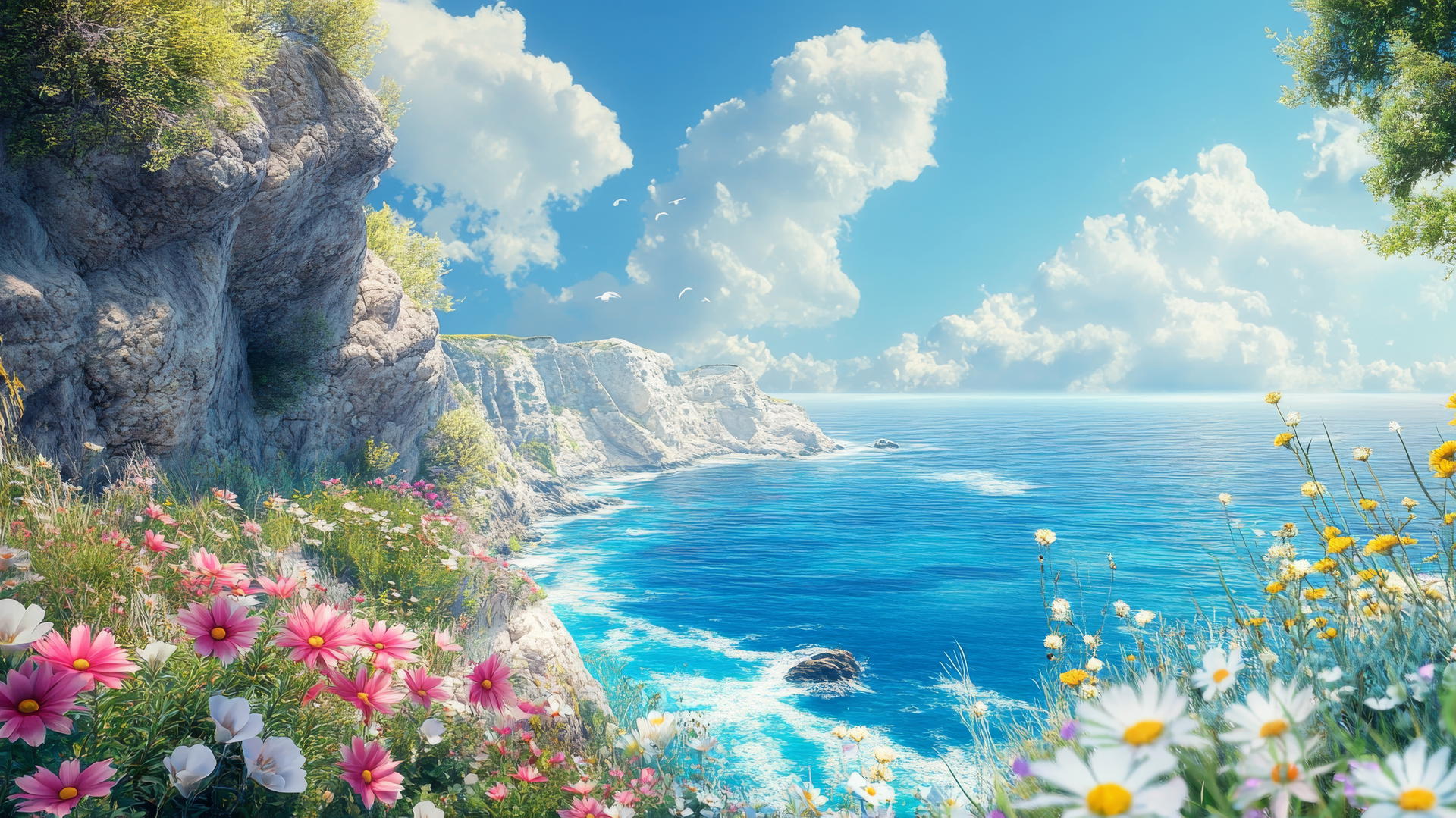 scenic coastal cliffside view with wildflowers, ocean vista under clear blue sky, summer aesthetic wallpaper
