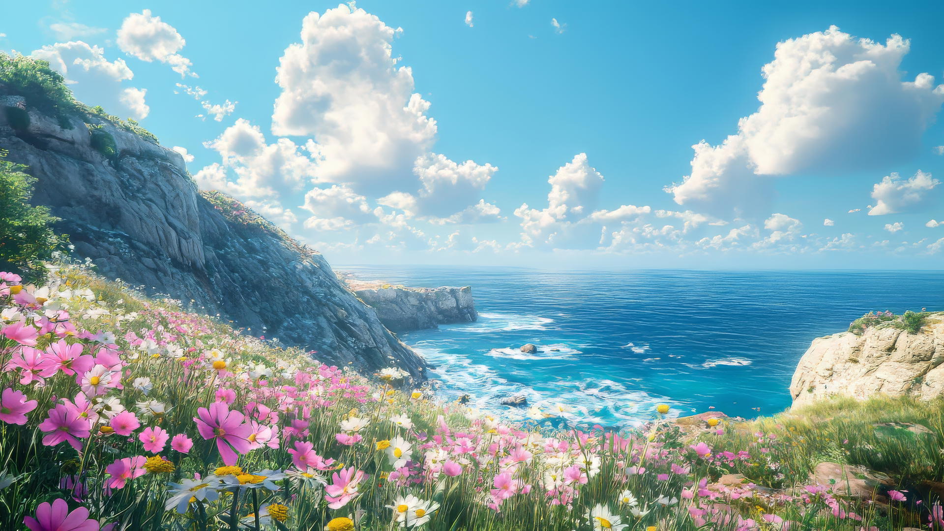 scenic coastal cliffside with wildflowers and ocean vista, summer aesthetic wallpaper