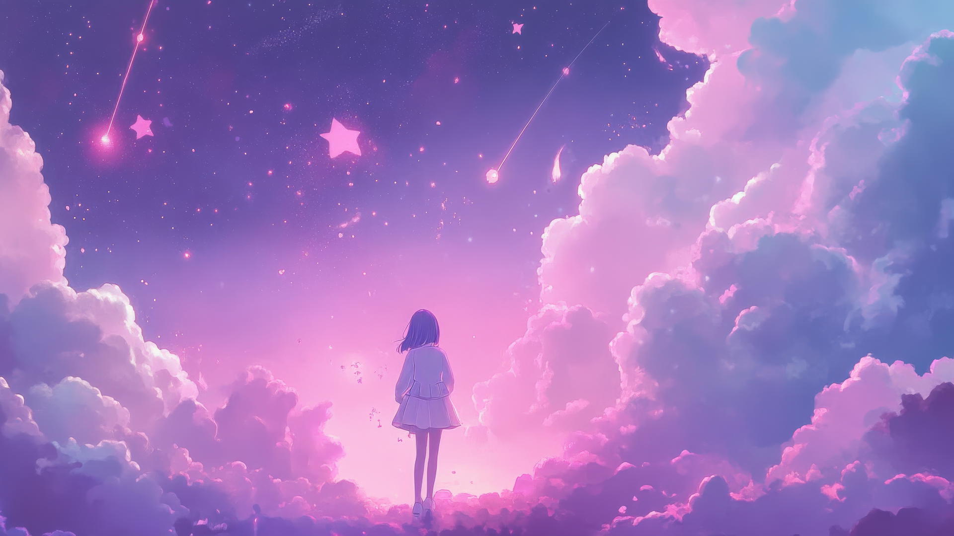 Anime-inspired purple aesthetic wallpaper 4k with cute characters, pastel clouds, and glowing stars.