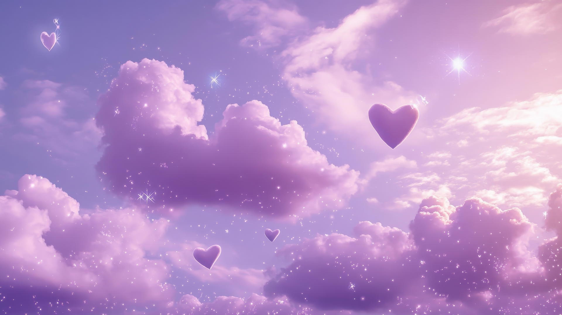 aesthetic purple wallpaper with heart-shaped clouds in a lavender sky and soft sparkles