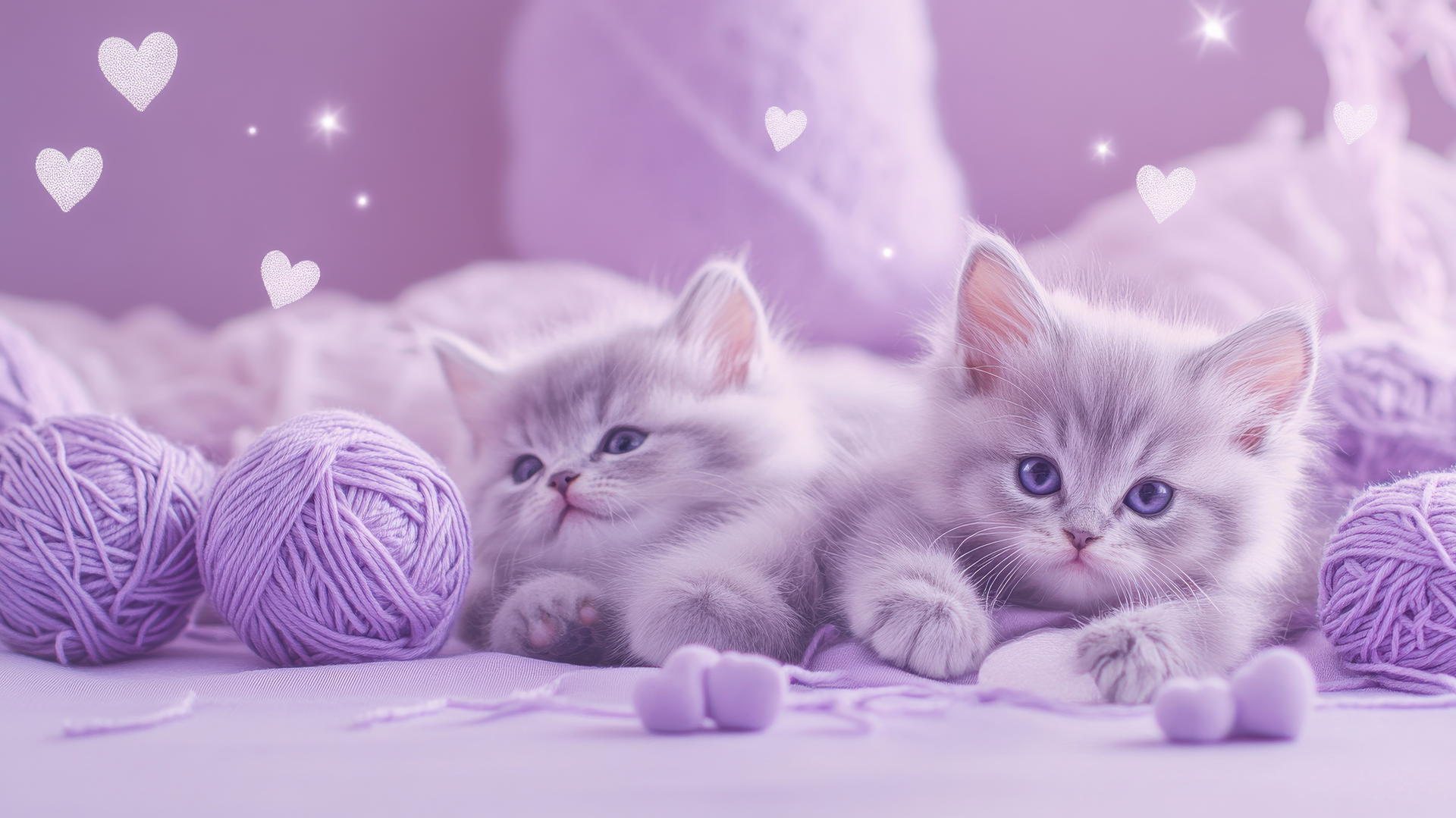 cute purple aesthetic wallpaper with kittens playing with yarn balls