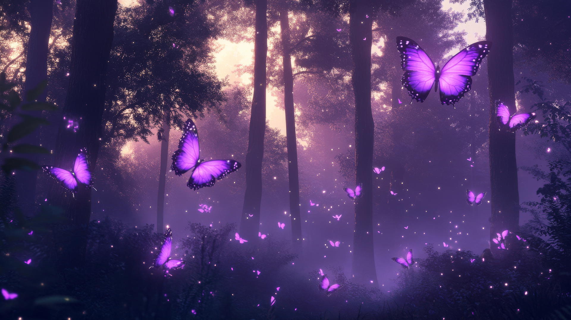 purple butterfly wallpaper in a magical forest with glowing butterflies and mist