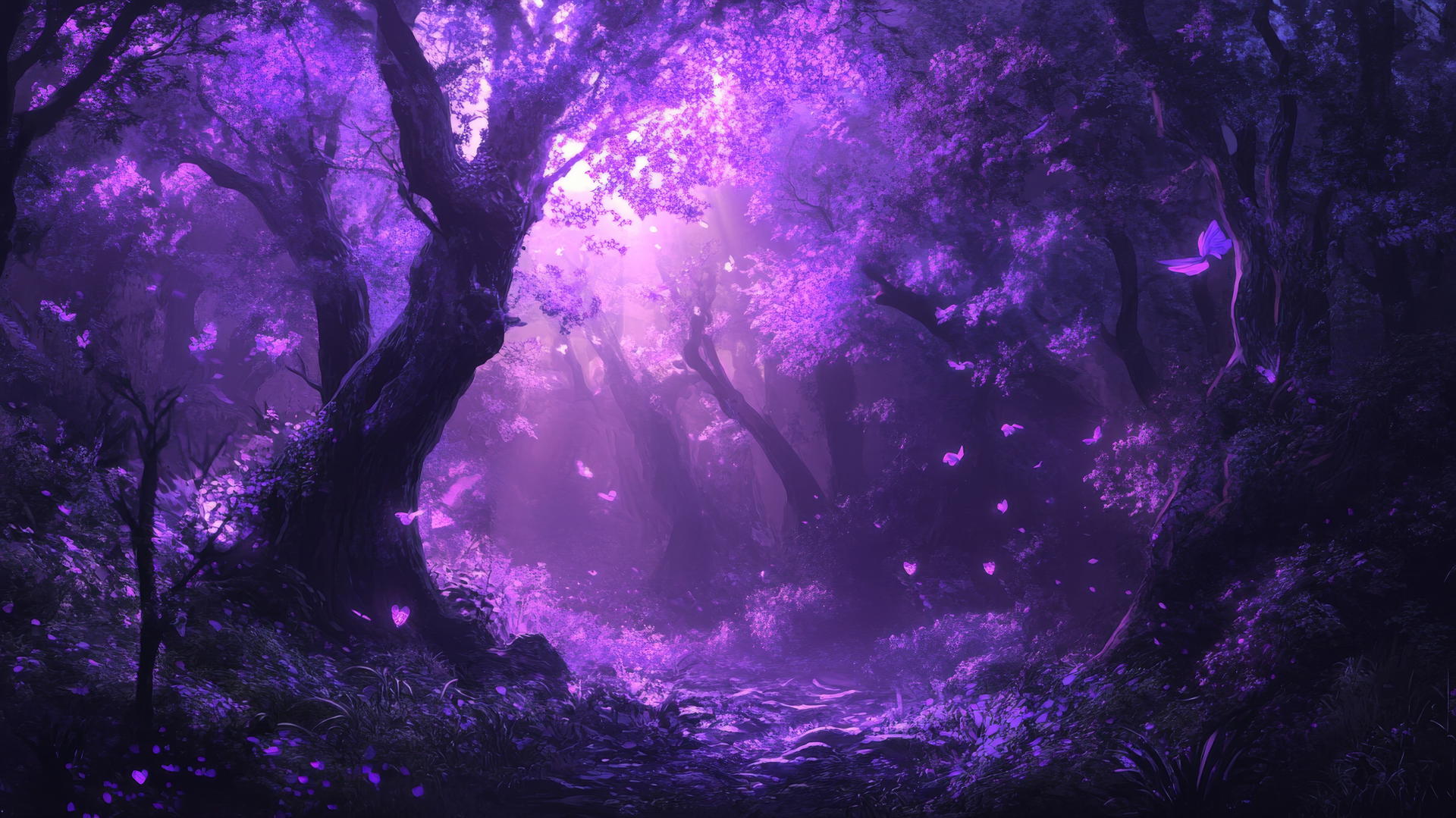 purple wallpaper aesthetic with glowing purple trees and enchanting creatures