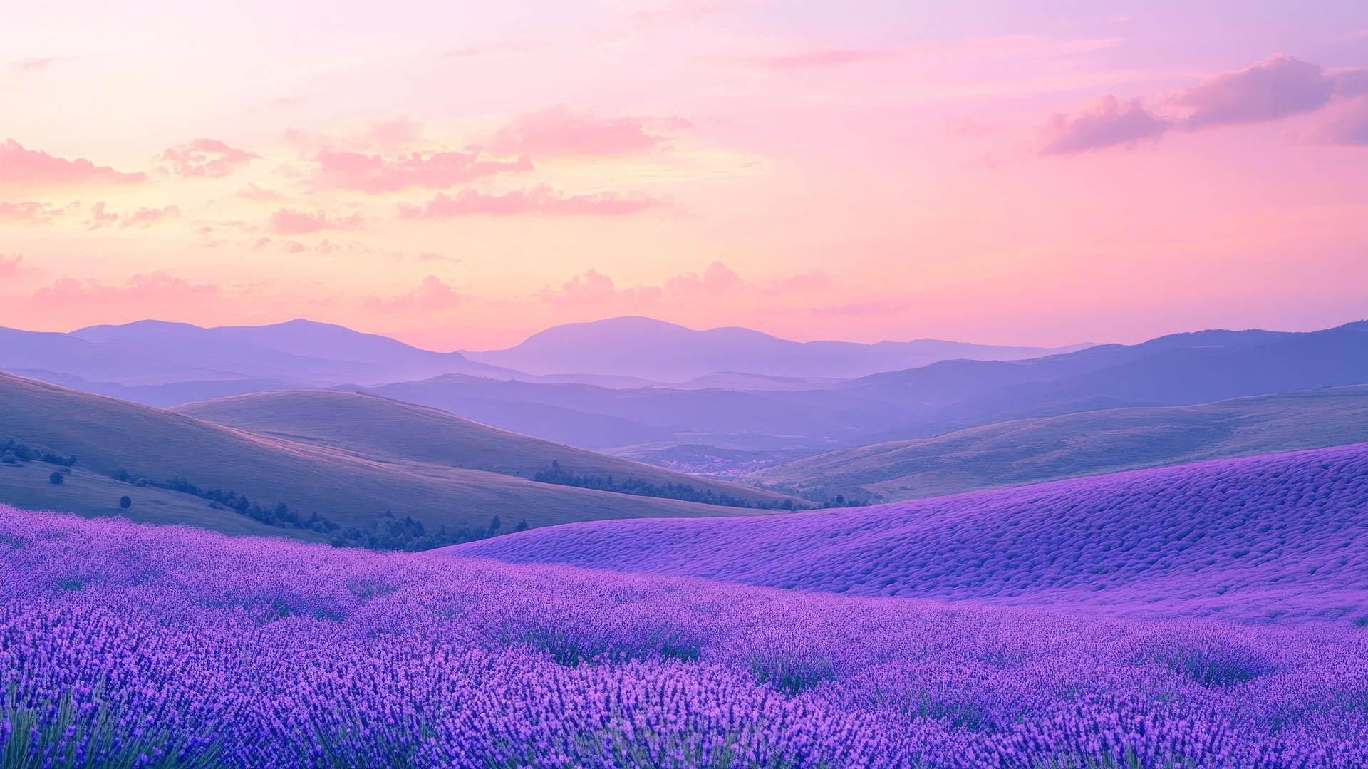 purple wallpaper aesthetic with rolling lavender hills and light purple sunset sky