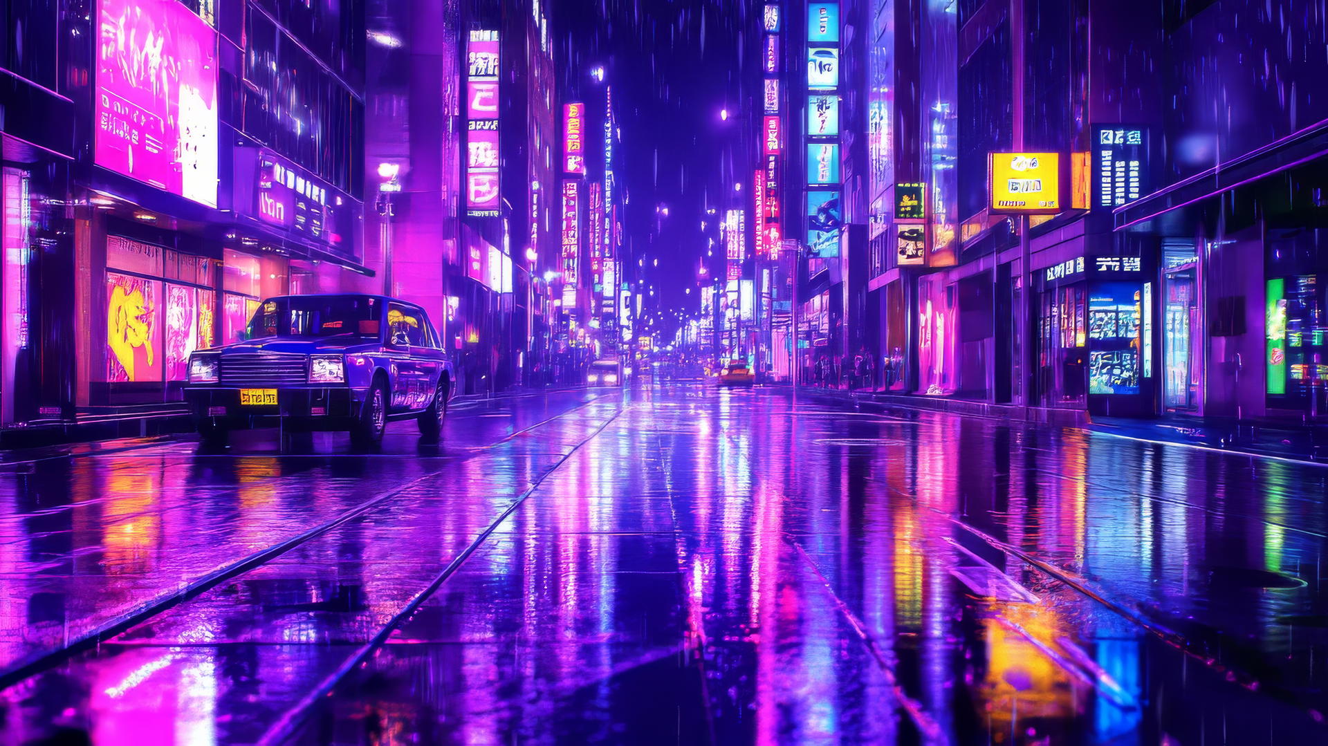 A futuristic cityscape at night with neon purple skyscrapers and glowing signs, neon purple aesthetic wallpaper