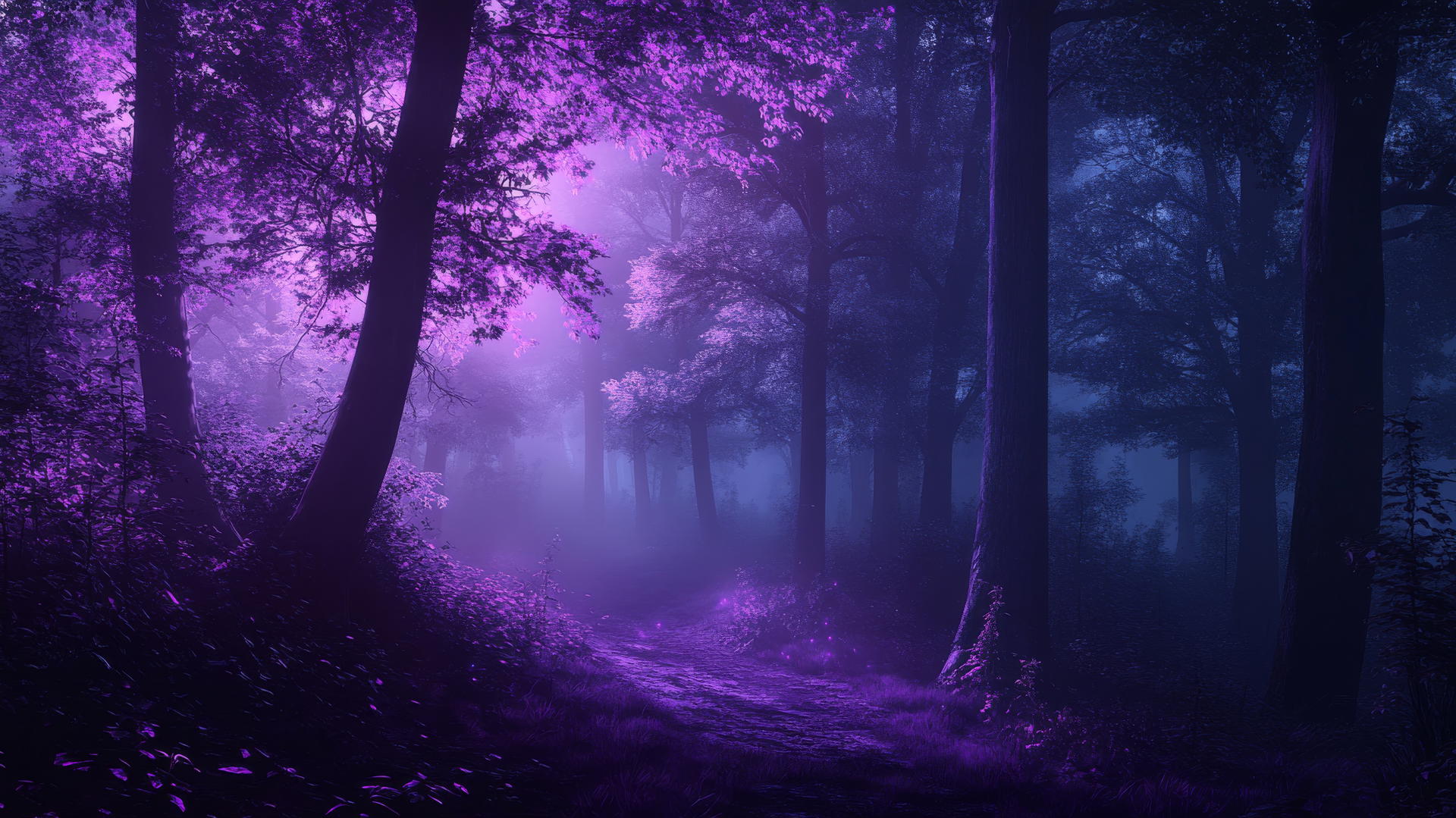 A dark purple wallpaper depicting a forest with glowing mist and eerie shadows.