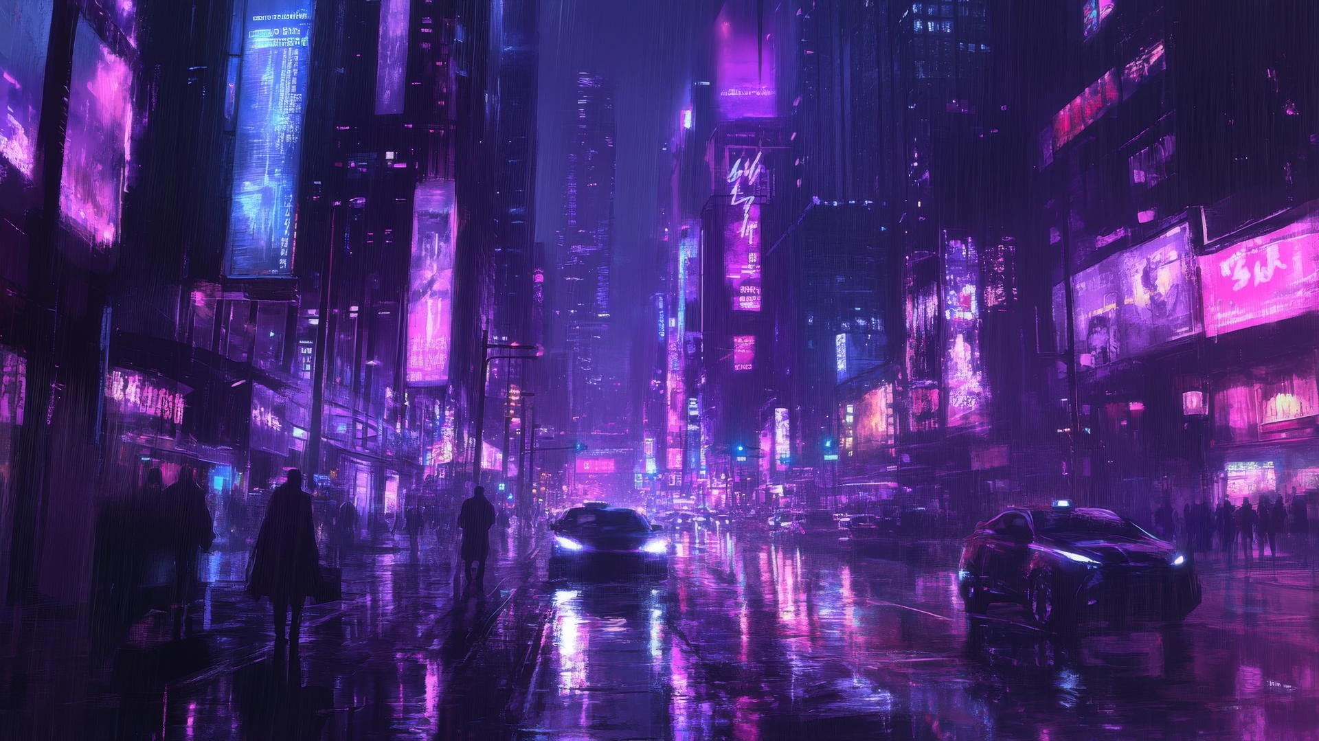 dark purple wallpaper with cyberpunk cityscape, neon lights, and wet streets
