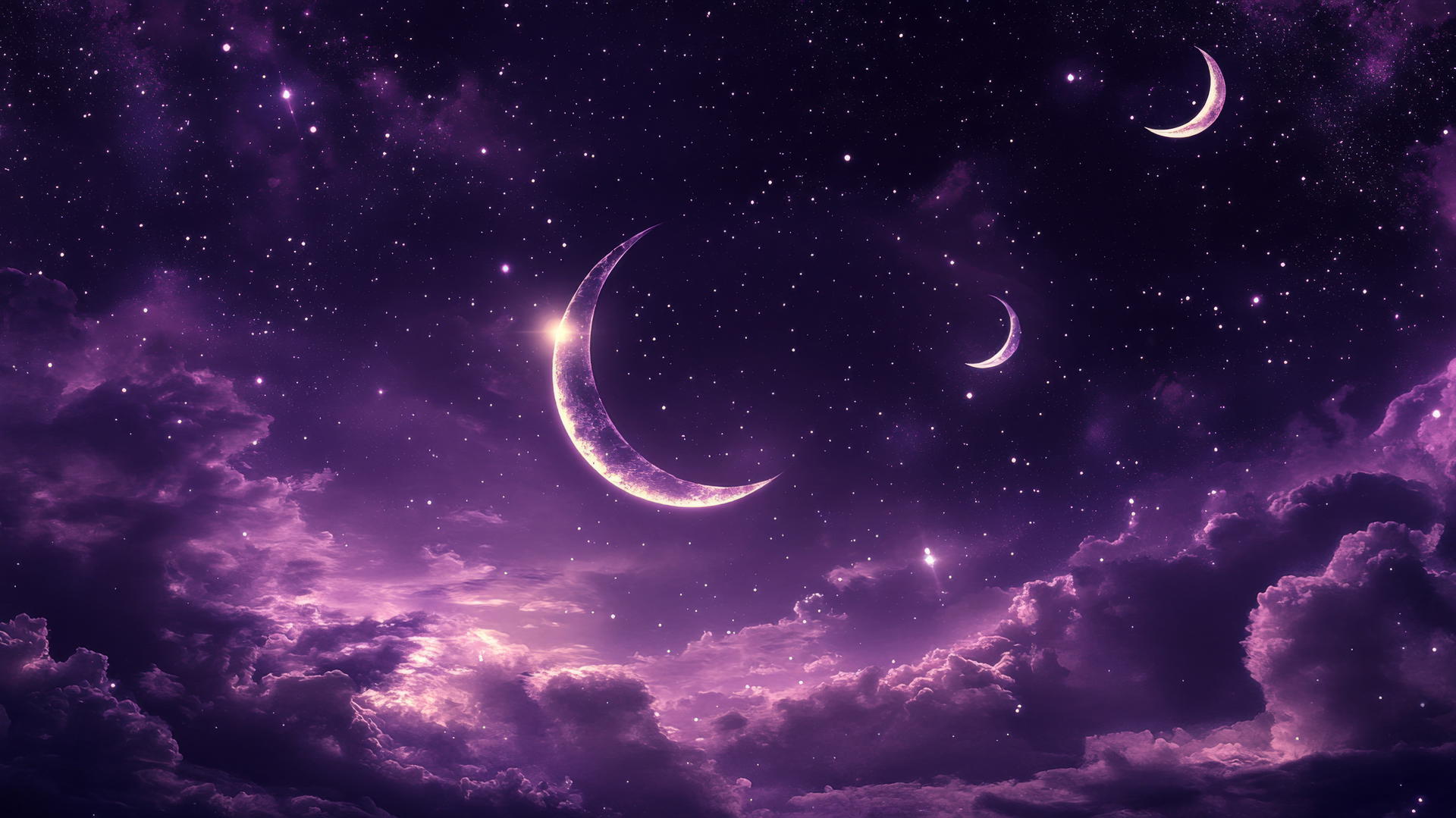 dark purple wallpaper with crescent moons, stars, and constellations