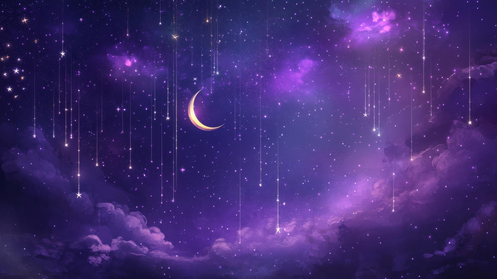 dark purple wallpaper with crescent moons, stars, and constellations