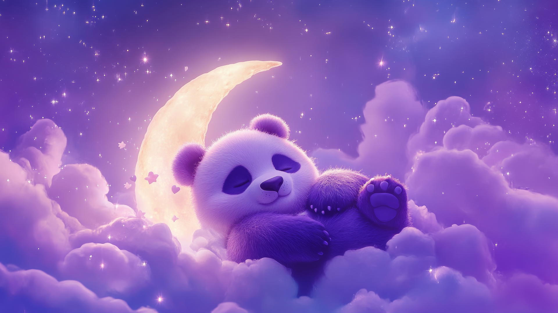 cute panda wallpaper 4k with a sleepy purple panda on a crescent moon, glowing stars, and pastel lavender clouds