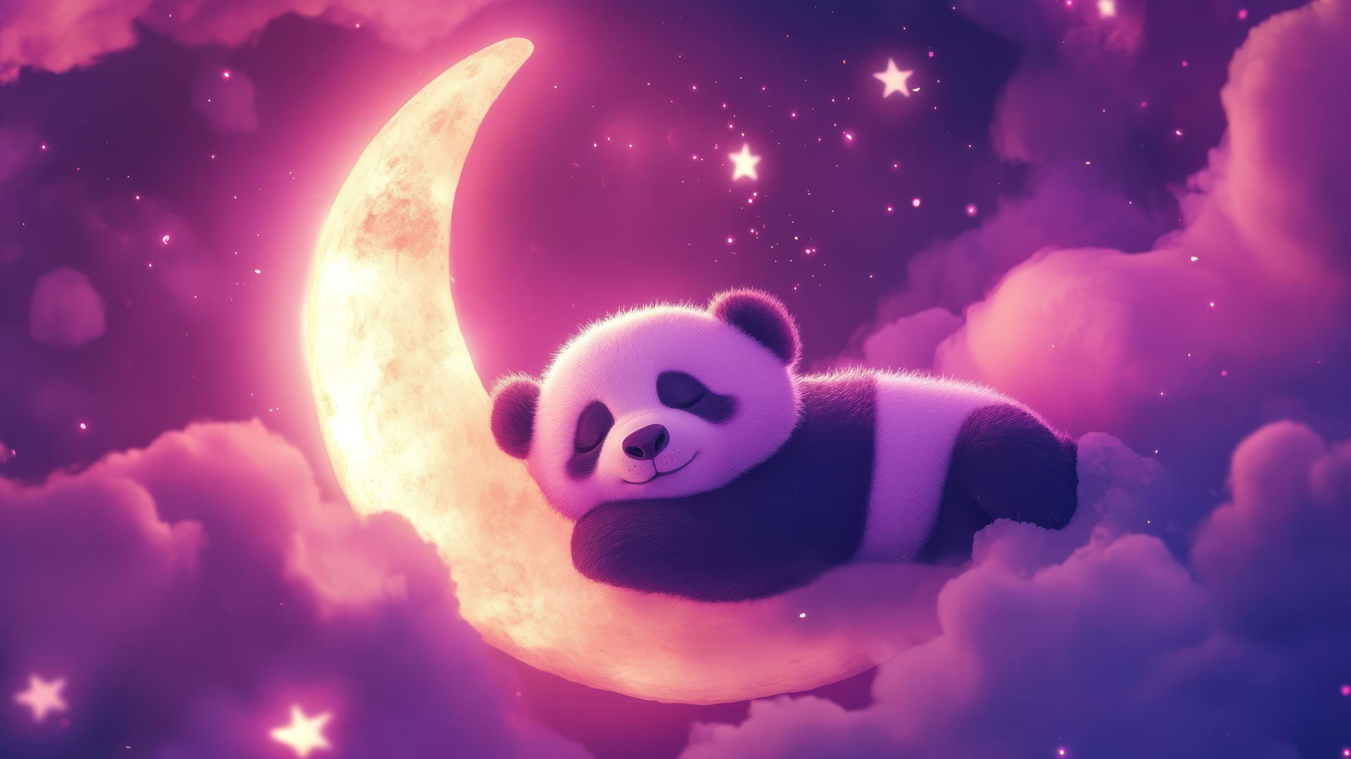 cute panda wallpaper 4k with a pink panda on crescent moon and glowing stars