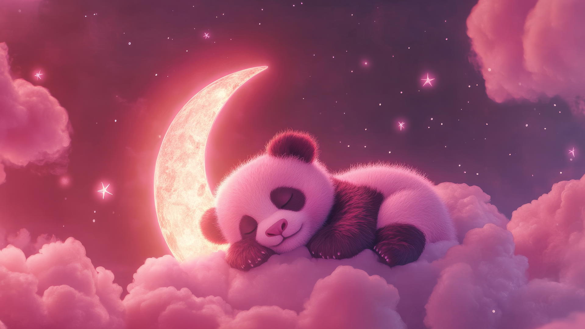 cute panda wallpaper 4k of a sleepy pink panda on a crescent moon with glowing stars and pastel pink clouds