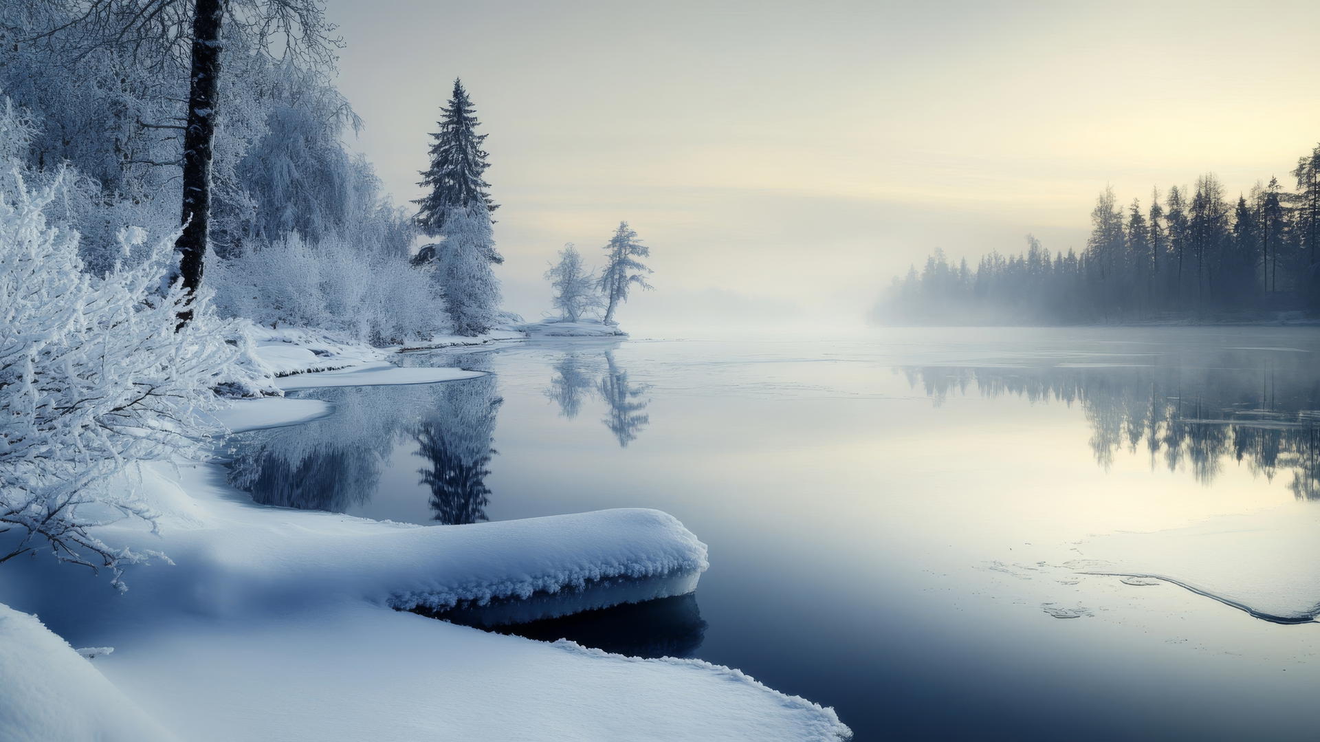 Winter wallpaper of a tranquil frozen lake reflecting the pale winter sky, surrounded by snow-covered trees.