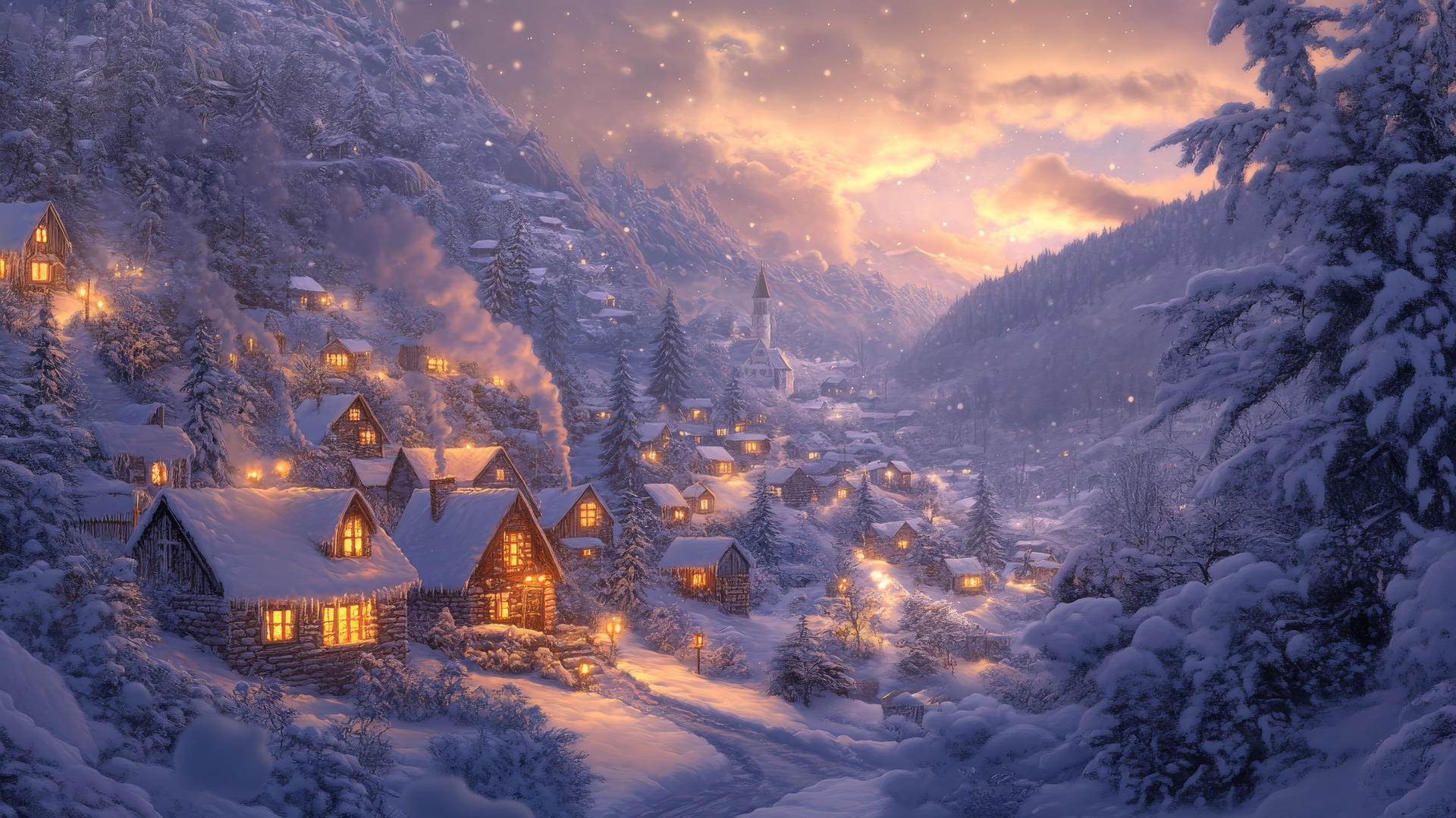 winter wallpaper of a cozy village with warm lights and chimneys
