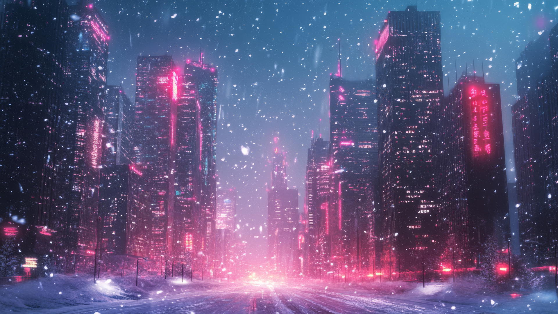 futuristic winter cityscape with snowy skyscrapers, neon lights, and falling snowflakes, winter background wallpaper