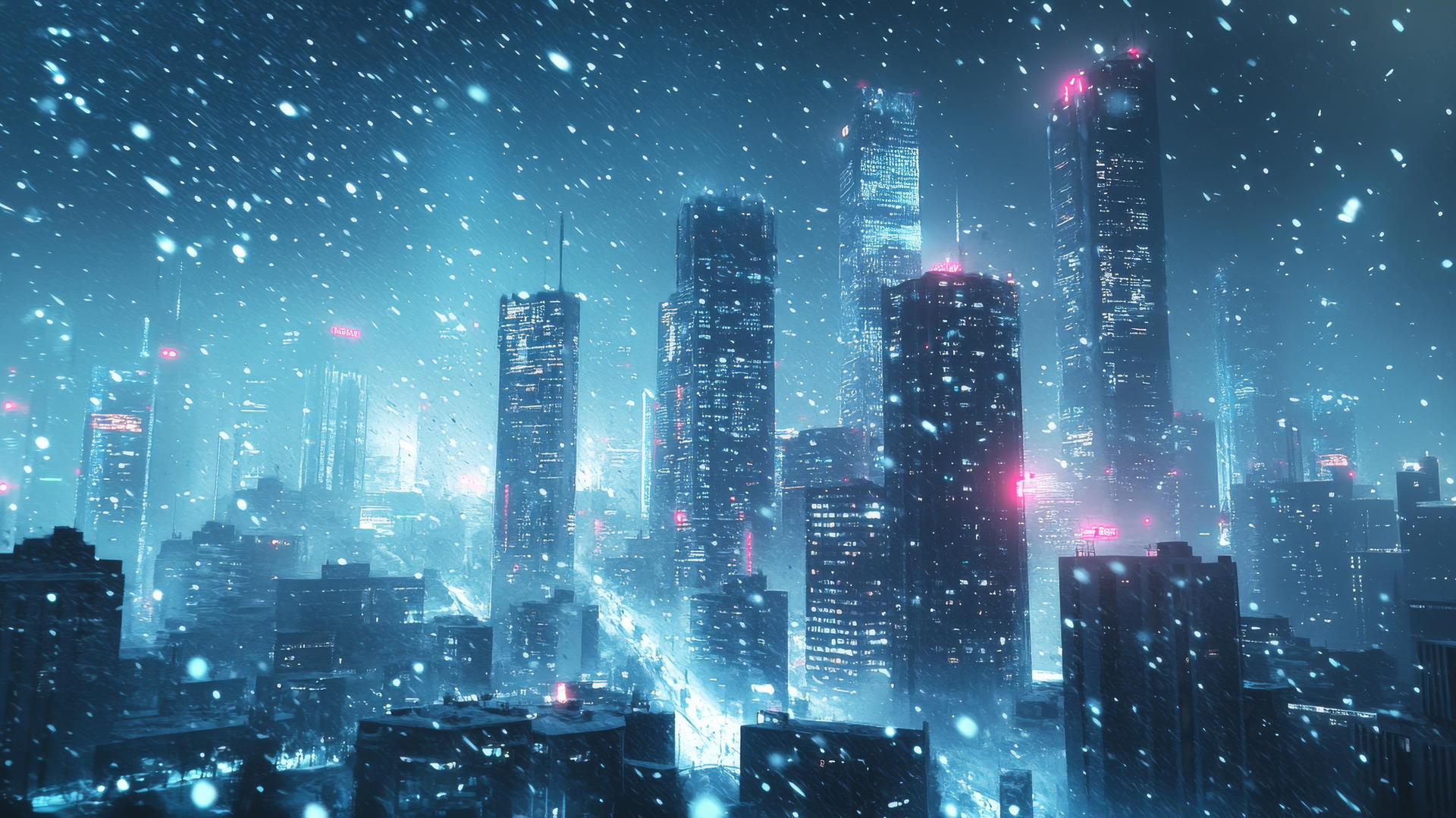 winter background wallpaper with futuristic cityscape of snowy skyscrapers and neon lights