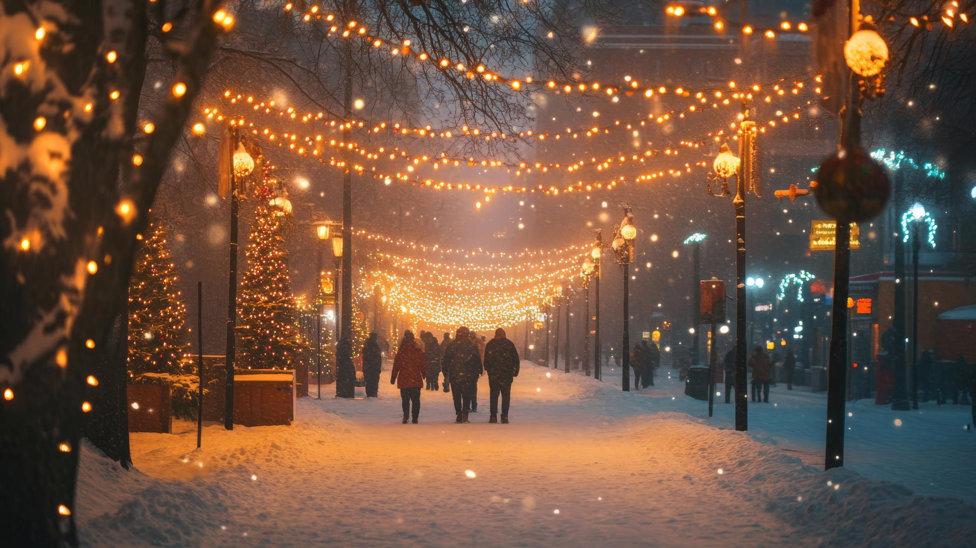 Festive winter night scene with glowing string lights: winter background wallpaper