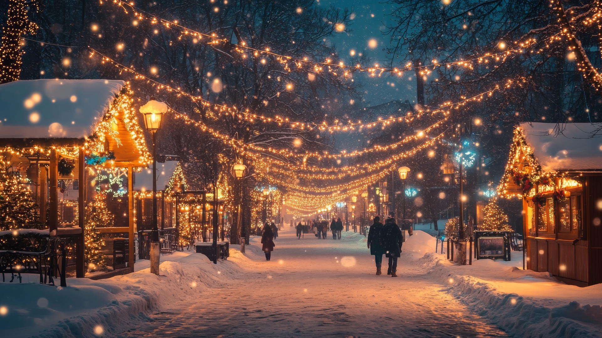 festive winter night scene with glowing string lights and holiday decorations