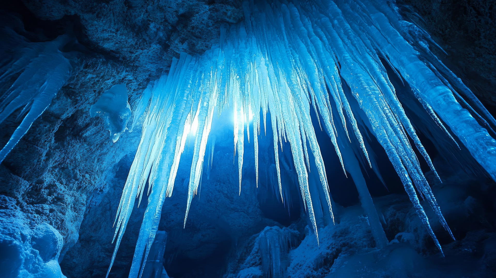winter background wallpaper featuring an icy cave interior with blue ice formations and shimmering icicles