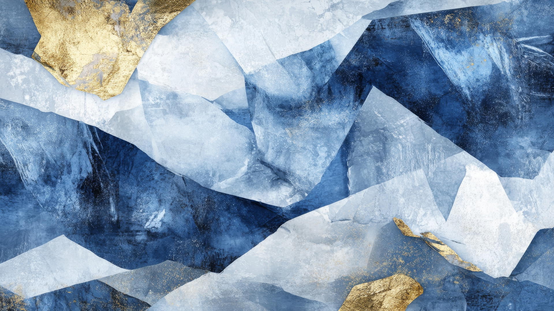 Winter aesthetic wallpaper with bold geometric shapes in icy blues, whites, and gold detailing