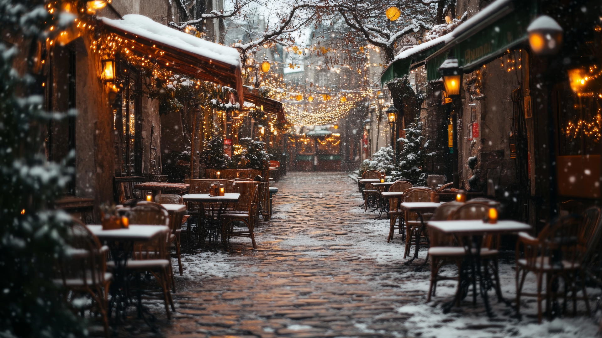 aesthetic winter wallpaper featuring a vintage-inspired winter cafe terrace with frost-covered tables, warm fairy lights, and snow