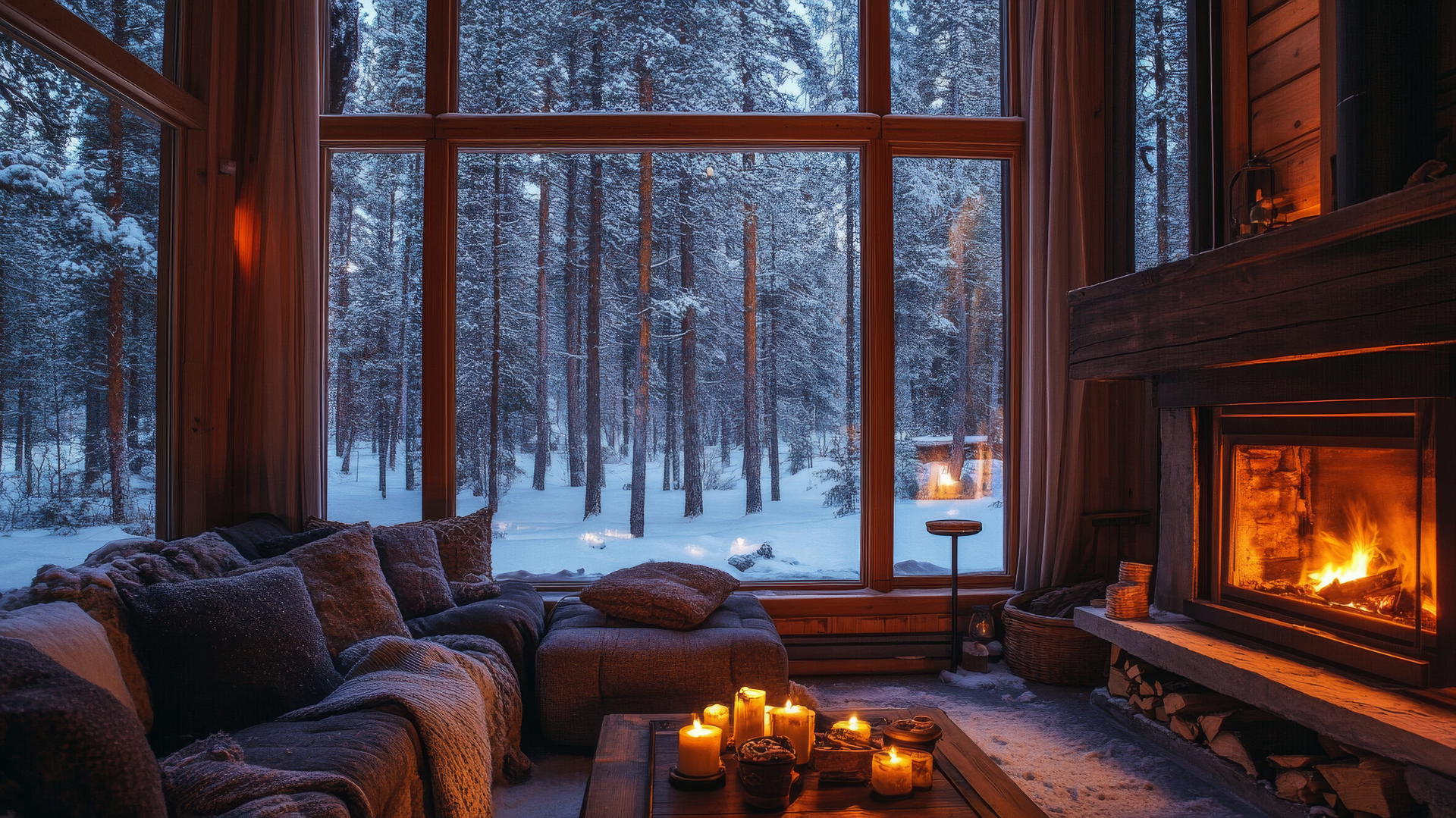 aesthetic winter wallpaper with cozy cabin interior and snowy forest