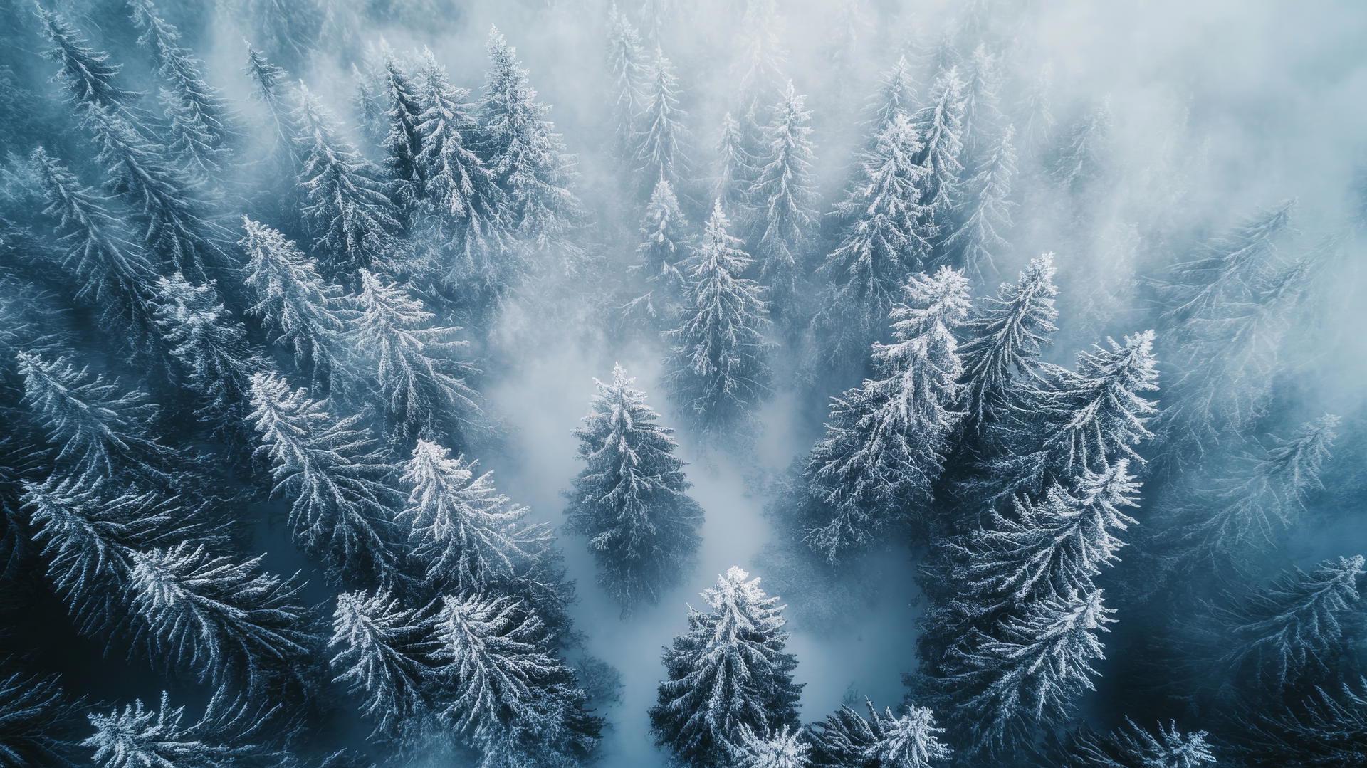 Aesthetic winter wallpaper of a snow-covered pine tree forest with mist.