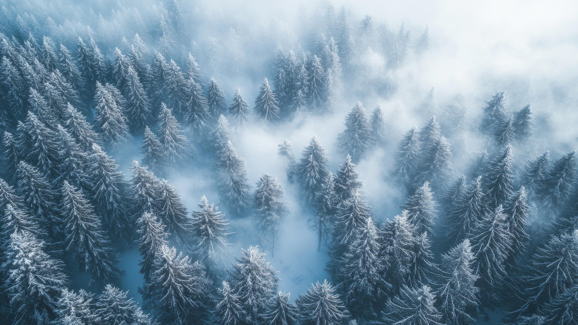 aesthetic winter wallpaper featuring a snow-covered pine tree forest with swirling mist