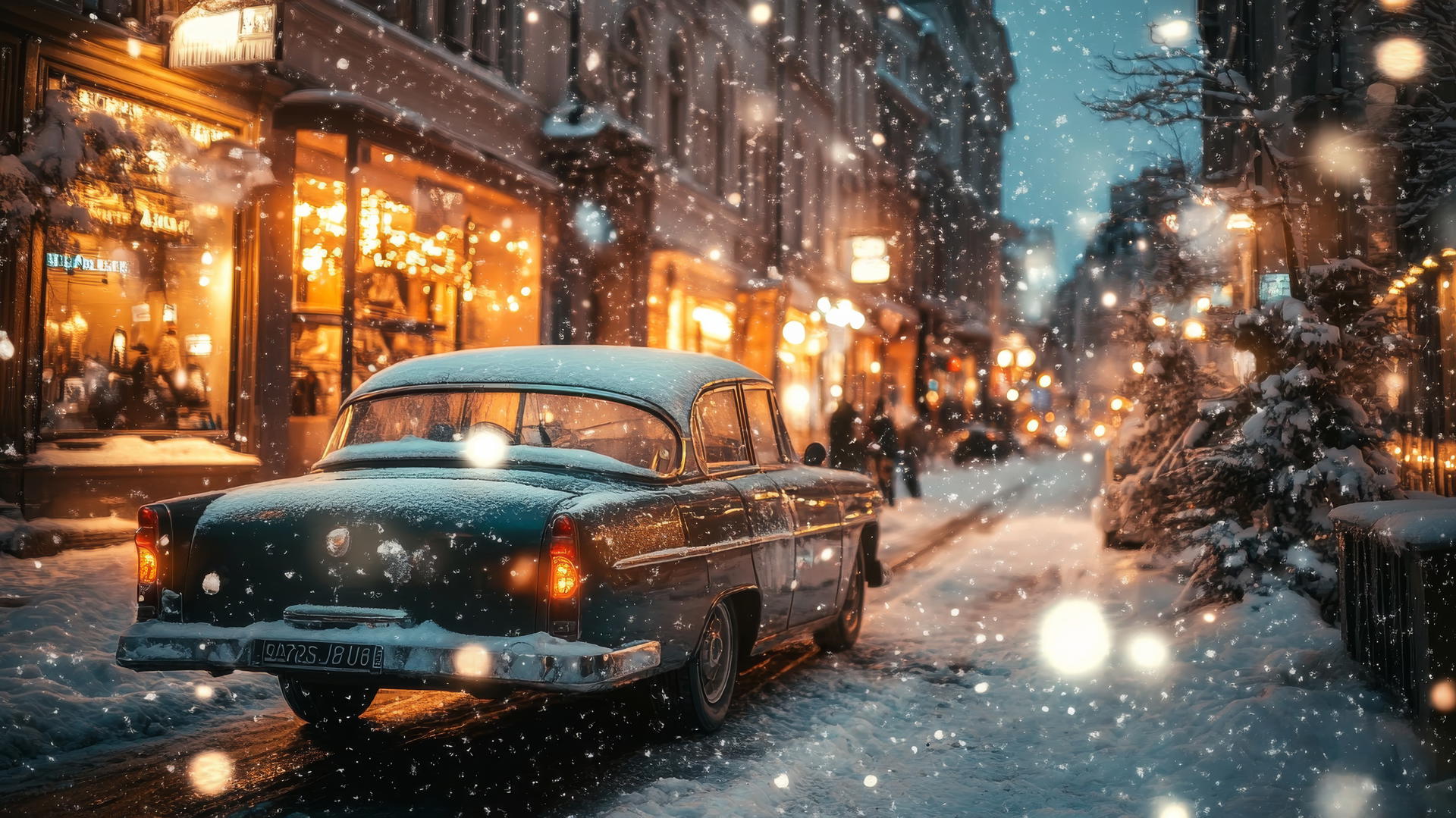 Aesthetic winter wallpaper of a vintage car on a snowy street with warm lights