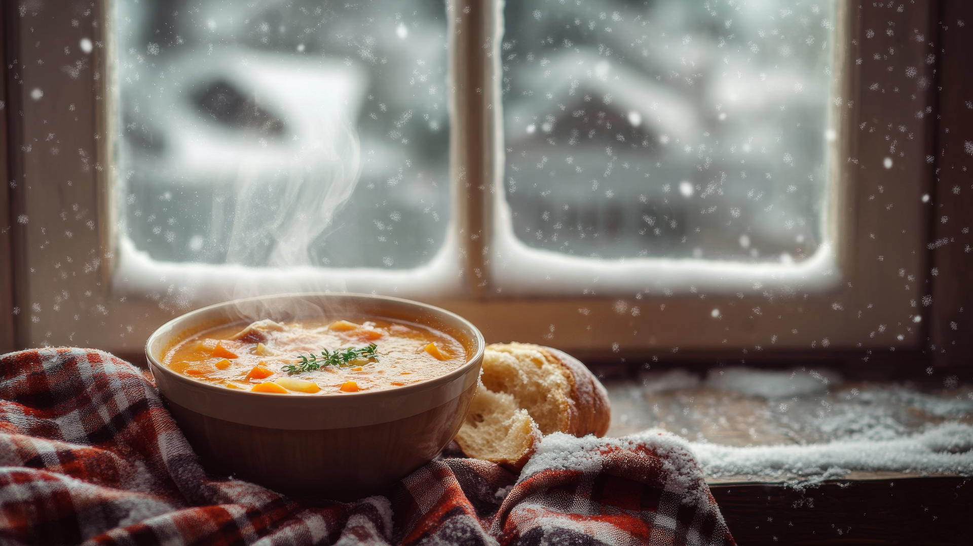 a cozy winter iPhone wallpaper with a steaming bowl of soup, bread, and snow